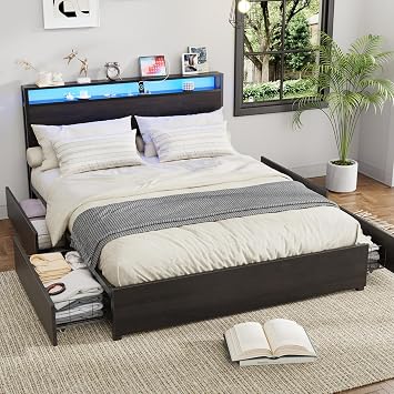 Kiivakii Full Size Bed Frame with Headboard, LED Platform Bed with 4 Storage Drawers, Built in Charging Station, Noise-Free, Metal Support Base, No Box Spring Needed, Black
