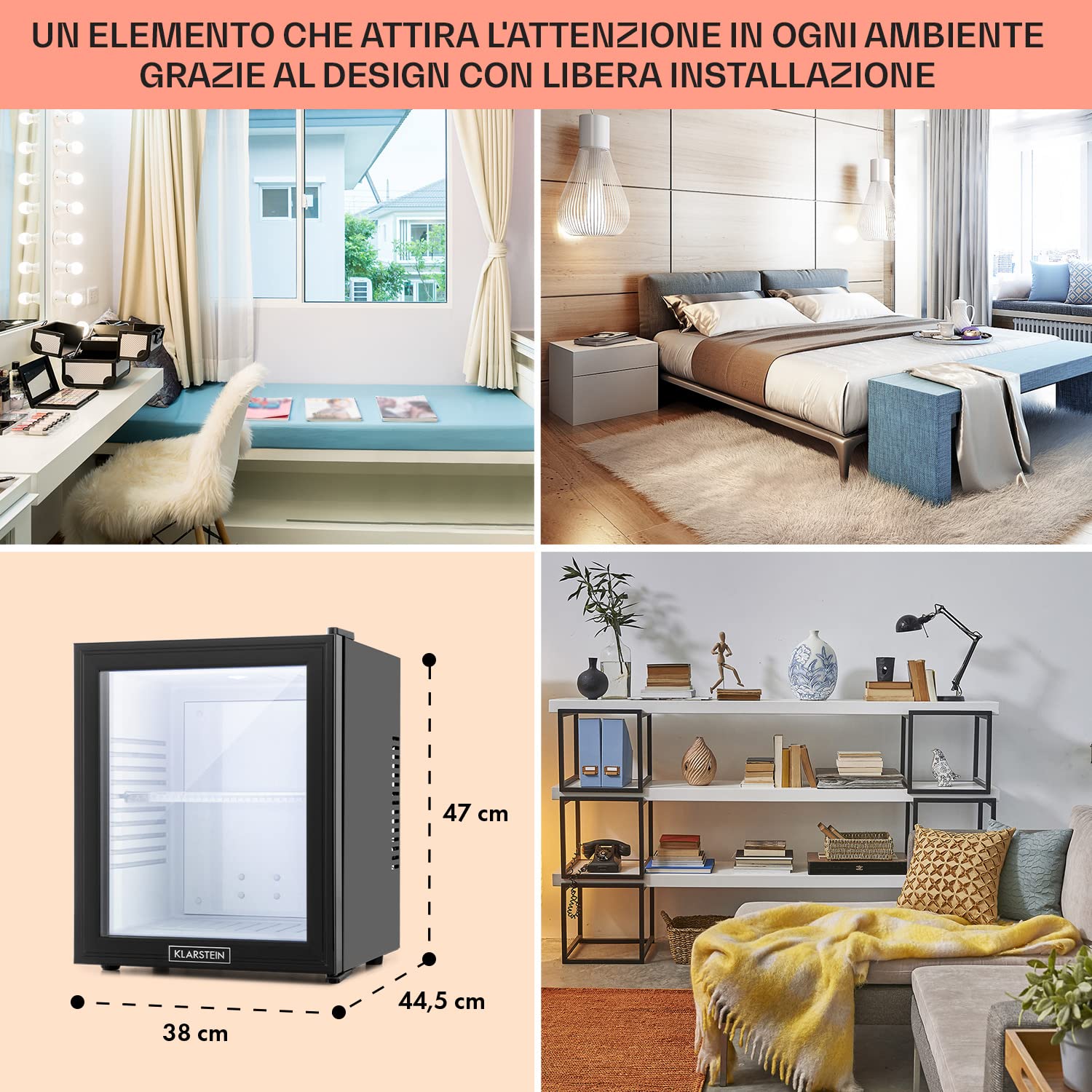 KLARSTEIN Brooklyn Mini Frigo da Camera, Frigo Portatile da Ufficio, Mini Frigo Bar con LED, Ripiani Rimovibili, Ideale per Campeggio e Skin Care, 12-18°C, 30L