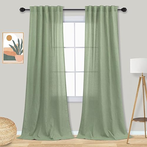 Miniatura 16 de Mrs.Naturall Cortinas transparentes verde esmeralda oscuro, cortinas de lino verde bosque para sala de estar, 63 pulgadas de largo, cortinas verdes