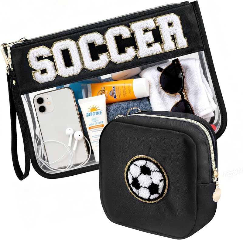Necessaires transparentes PEVART com estampa de futebol e patch de chenille, 2 unidades