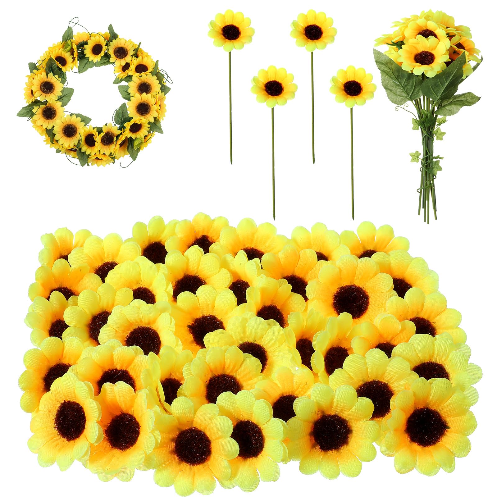 50 PCS Mini Artificial Sunflowers Heads for Decoration Outdoor Artificial Flowers with Iron Stems Fake Sunflower Decorations Silk