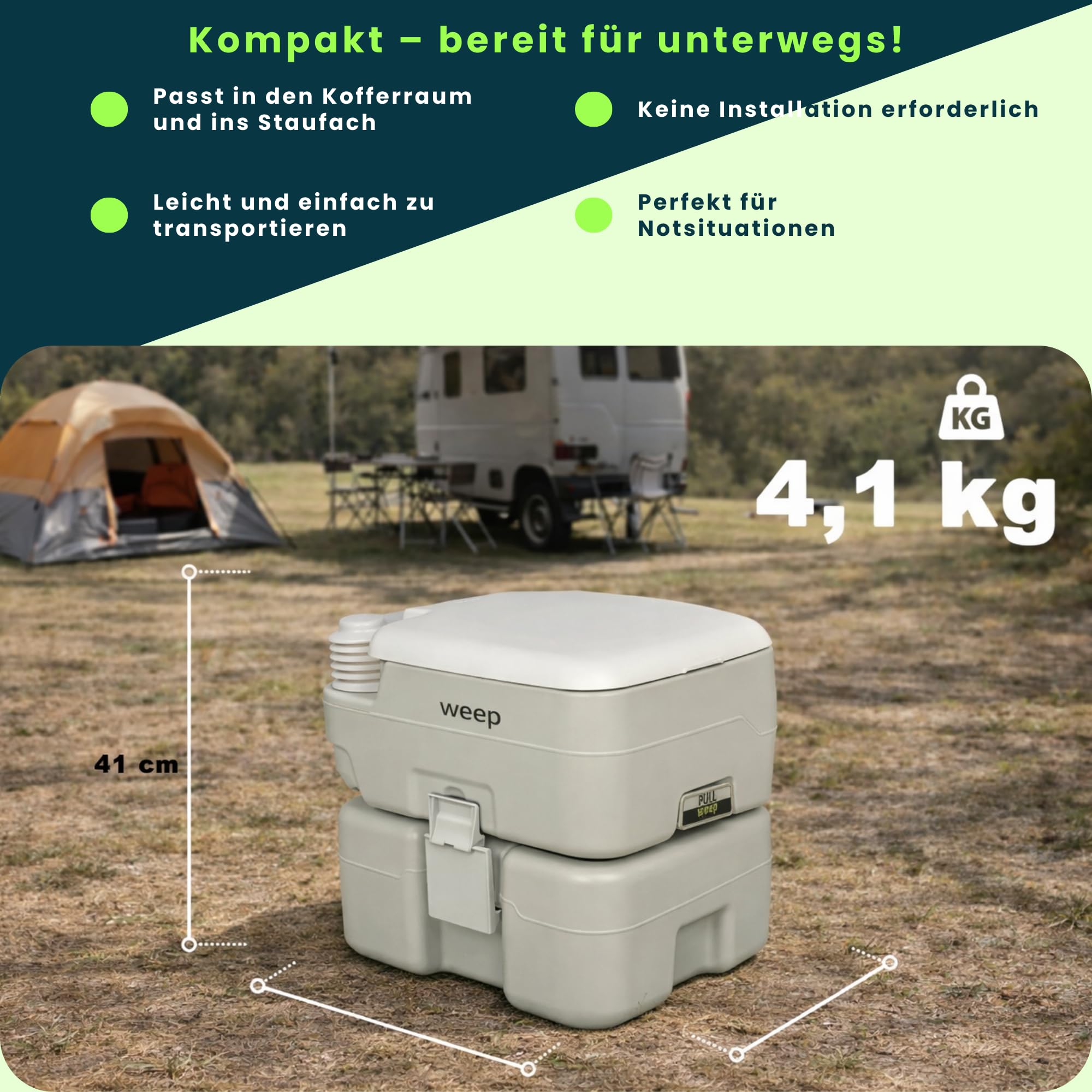 weep Campingtoilette 20L + 10L, Mobile Toilette, Tragbare Trenntoilette mit Kolbenpumpe - Trockentrenntoilette für Unterwegs Camping Garten, Leicht zu transportieren