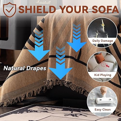 Miniatura 5 de VClife Funda de sofá modular lavable estilo bohemio, funda de sofá para mascotas para sofá biplaza versátil, color café, geometría negra, funda para