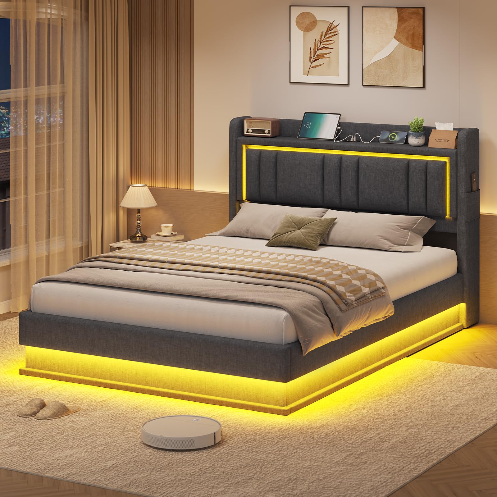 Lit Coffre 140x190 à LED, Lits Hydraulique avec Multiprise, Tête de Lit Capitonnée avec Étagère Ouvertes, Lits Double avec Rangement Spacieux, Lattes en Bois, Litss 140 x 190 avec Sommier, Lin Gris