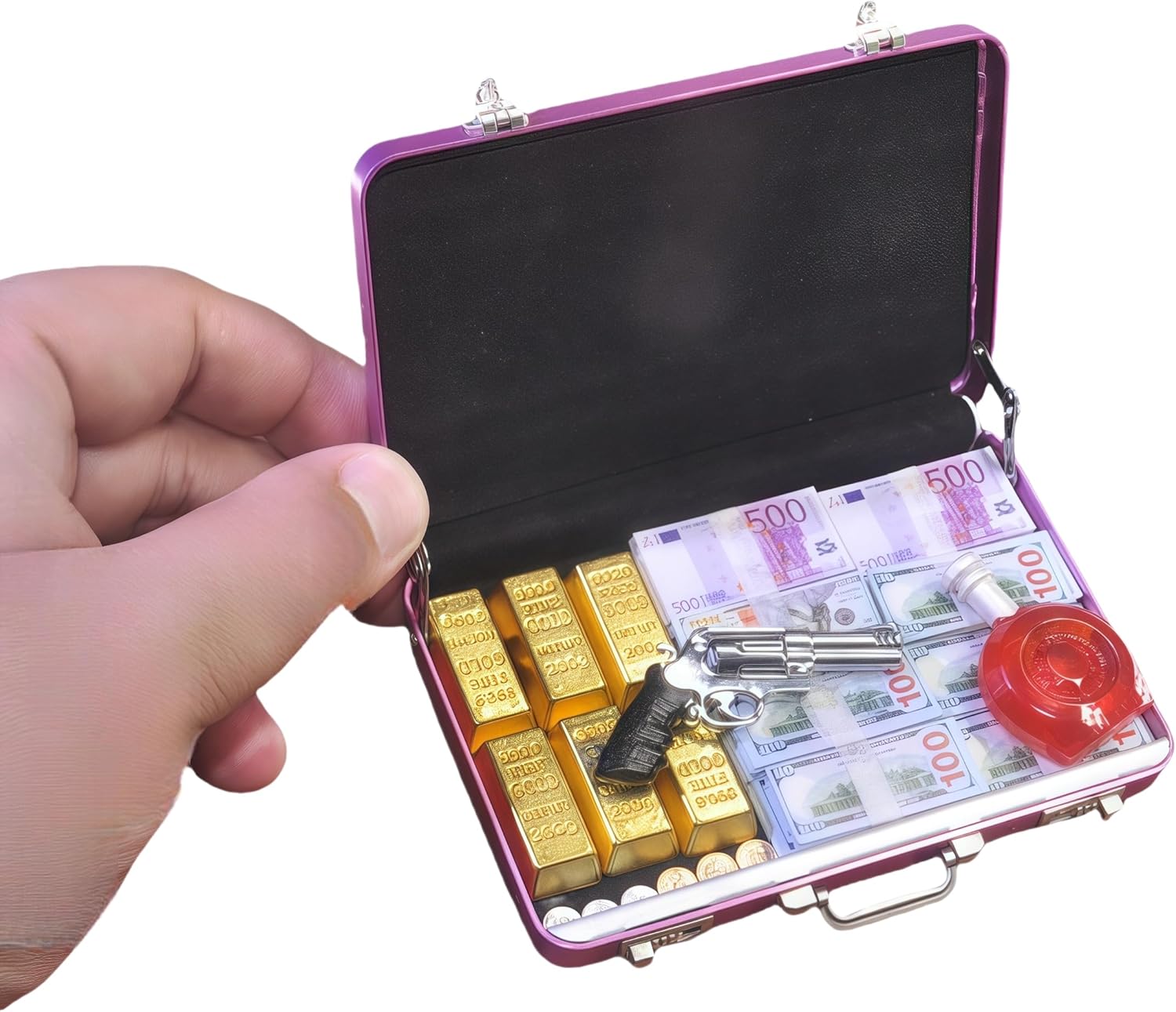1:6 Scale Miniature Briefcase Set - Includes Fake Gold Bars, Bundles of $100 Mini Dollar Bills, Vintage Coins and Mini Weapons - Unique Adult NoveltyToy & Dollhouse Accessories (Pink)