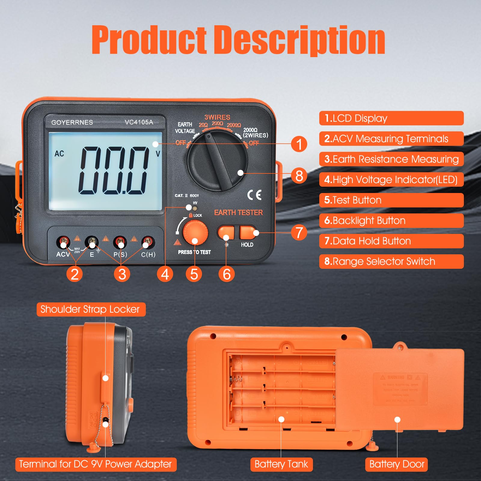 Megohmmetre de Medidor de Tierra y probador de aislamiento Rango de medición 0-1999 Ω Medición de resistencia a tierra y tensión alterna probador de tierra resistencia a tierra con pantalla LCD