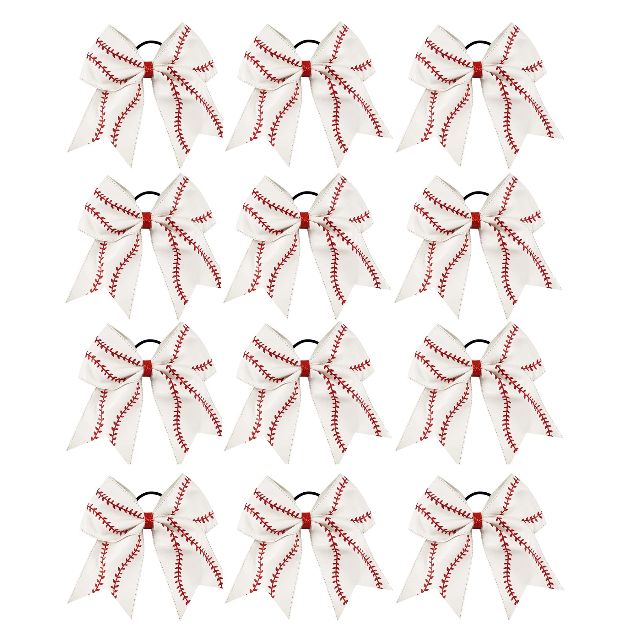 12 Pcs Softball Hair Bows,Glitter Leather Baseball Bows Softball Ponytail Holder Baseball Headband for Girls Cheerleader Team(White)