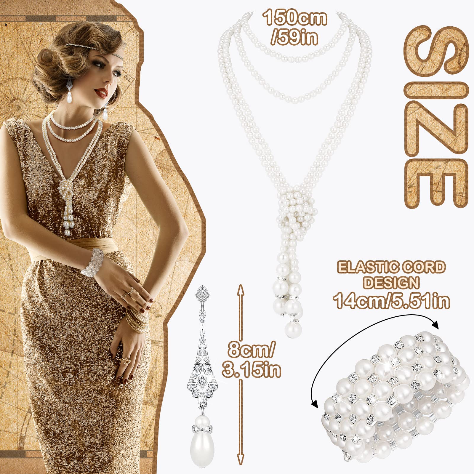 Maitys 3 Pcs 1920s Pearl Jewelry Set Including Vintage Flapper Earrings Multilayer Imitation Pearl Necklace Bracelet for Women Girls (Delicate) white