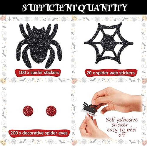 Miniatura 2 de 320 calcomanías de araña de espuma con purpurina de Halloween, autoadhesivas, calcomanías de telaraña y ojos decorativos, calcomanías de espuma Eva,