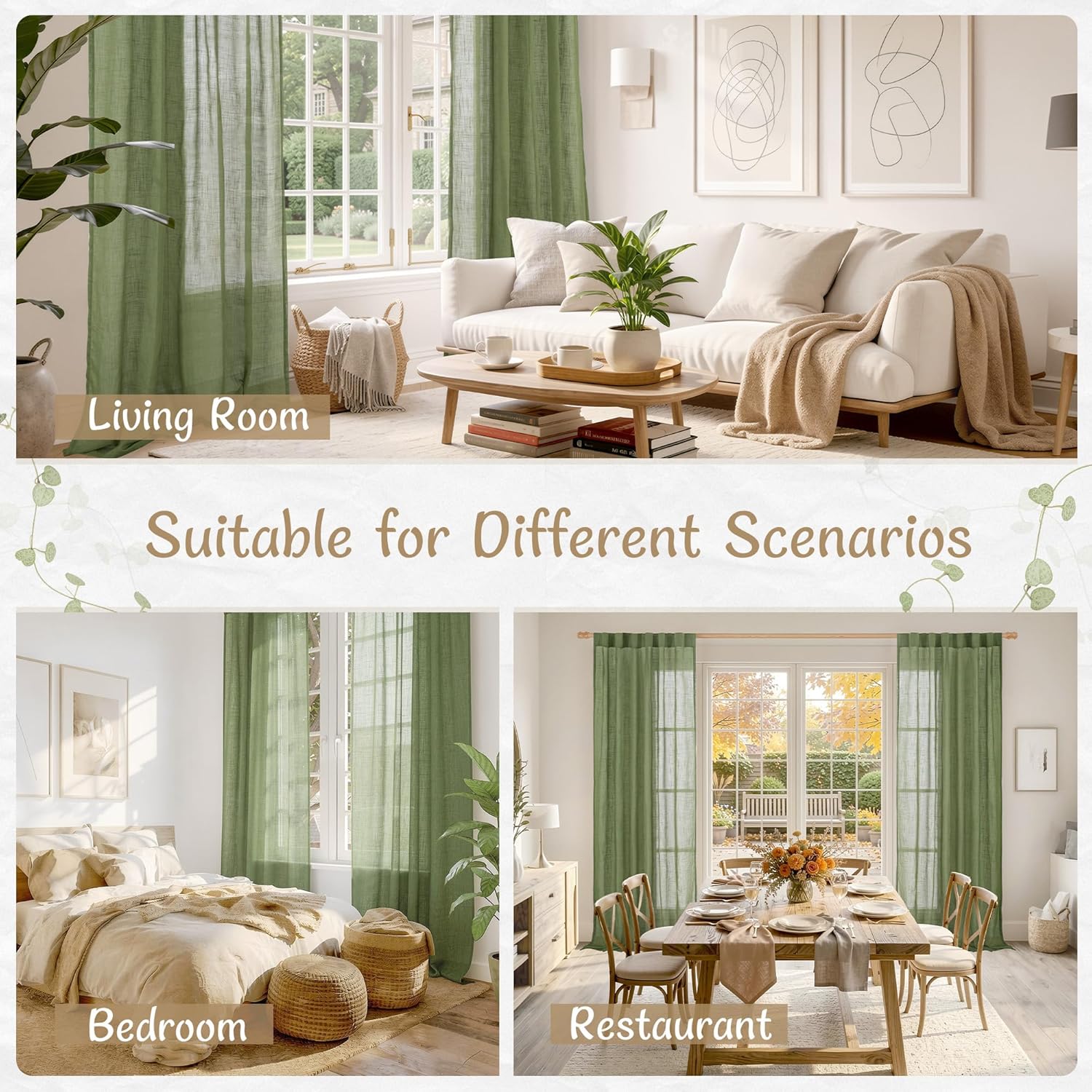 LAMIT Sage Green Sheer Linen Curtains 84 Inch Length for Living Room, Light Filtering Spring Decor Panels Back Tab and Rod Pocket Boho Drapes for Bedroom/Sliding Glass Door, 2 Panels, 52 x 84 Inch