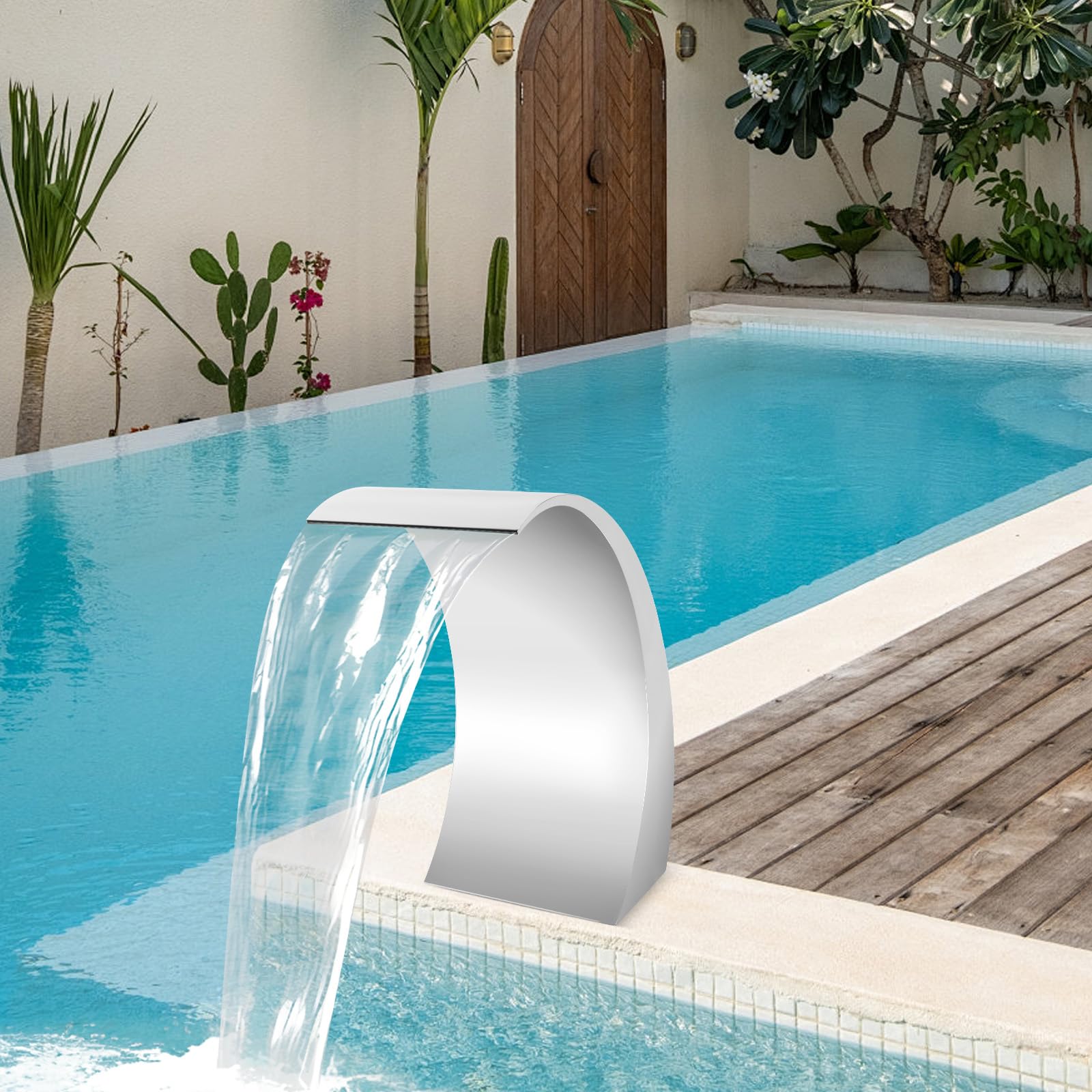 Doccia a cascata piscina fontana design curvo in acciaio inox giardino flusso costante acqua