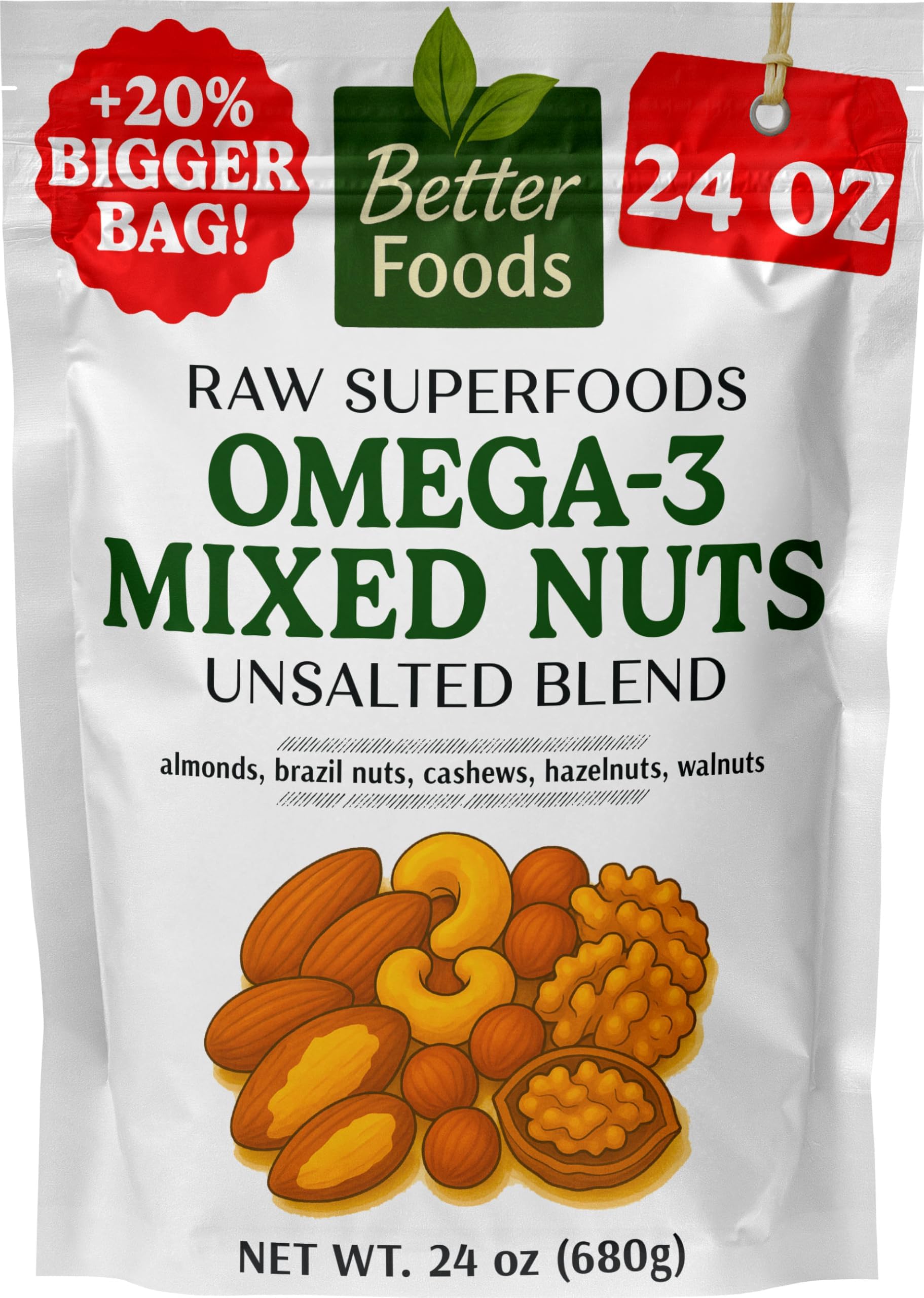 BetterFoods Raw Unsalted Omega-3 Mixed Nuts | 5-Nut Blend Almonds Cashews Walnuts Hazelnuts Brazil Nuts No Salt Plant Protein Gluten Free Snack Low Carb Omega-3 Healthy | 24oz