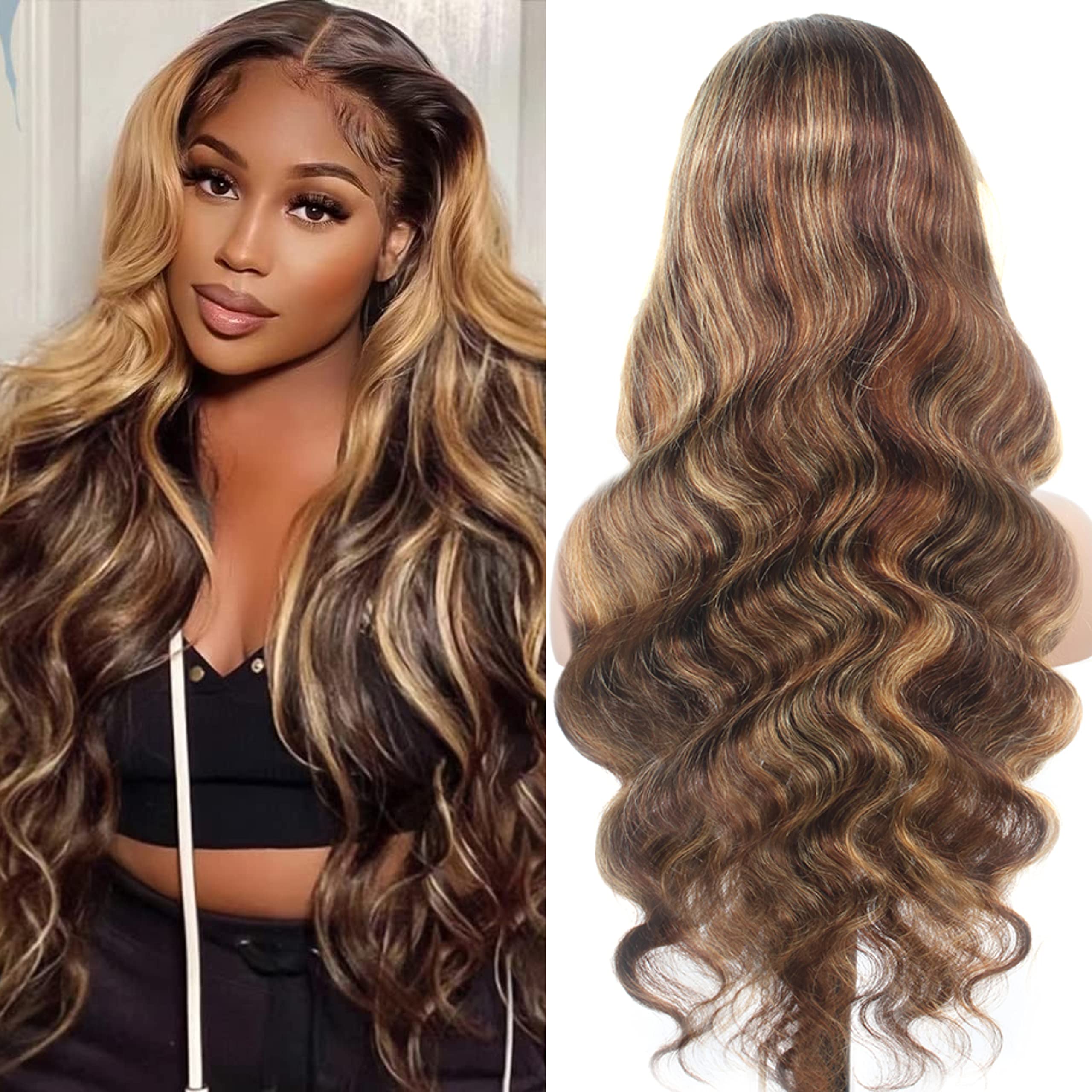ELEE'S HAIR 4/27 Highlight Lace Front Wigs Human 180% Density 13x4 Transparent Full Frontal Wig With Elastic Band Wear And Go Glueless Wigs Body Wave Brazilian 100% Virgin Human Wigs for Women 30 Inch