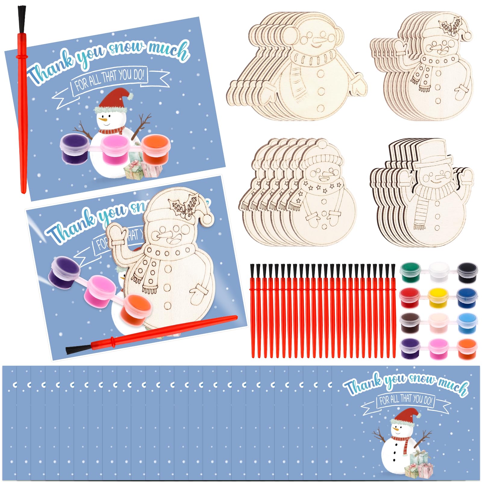 YXSJAS 108Pcs Wooden Crafts to Paint DIY Snowman Unfinished Wood Slices Painting Kit Wooden Snowmen Coloring Craft with Thank You Snow Much Card Paint Brush Bag