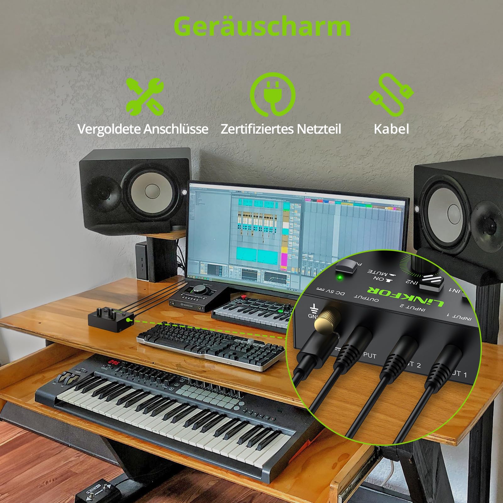 LiNKFOR Mini Audio Mixer Activemischer Mischpult 2 Kanal Stereo Audiomischer mit 1 Ausgang 3.5mm Audiomischpult Netzteil Geräuscharm, Unabhängige Lautstärkeregelung für Laptop,Mac,TV,Spielkonsole