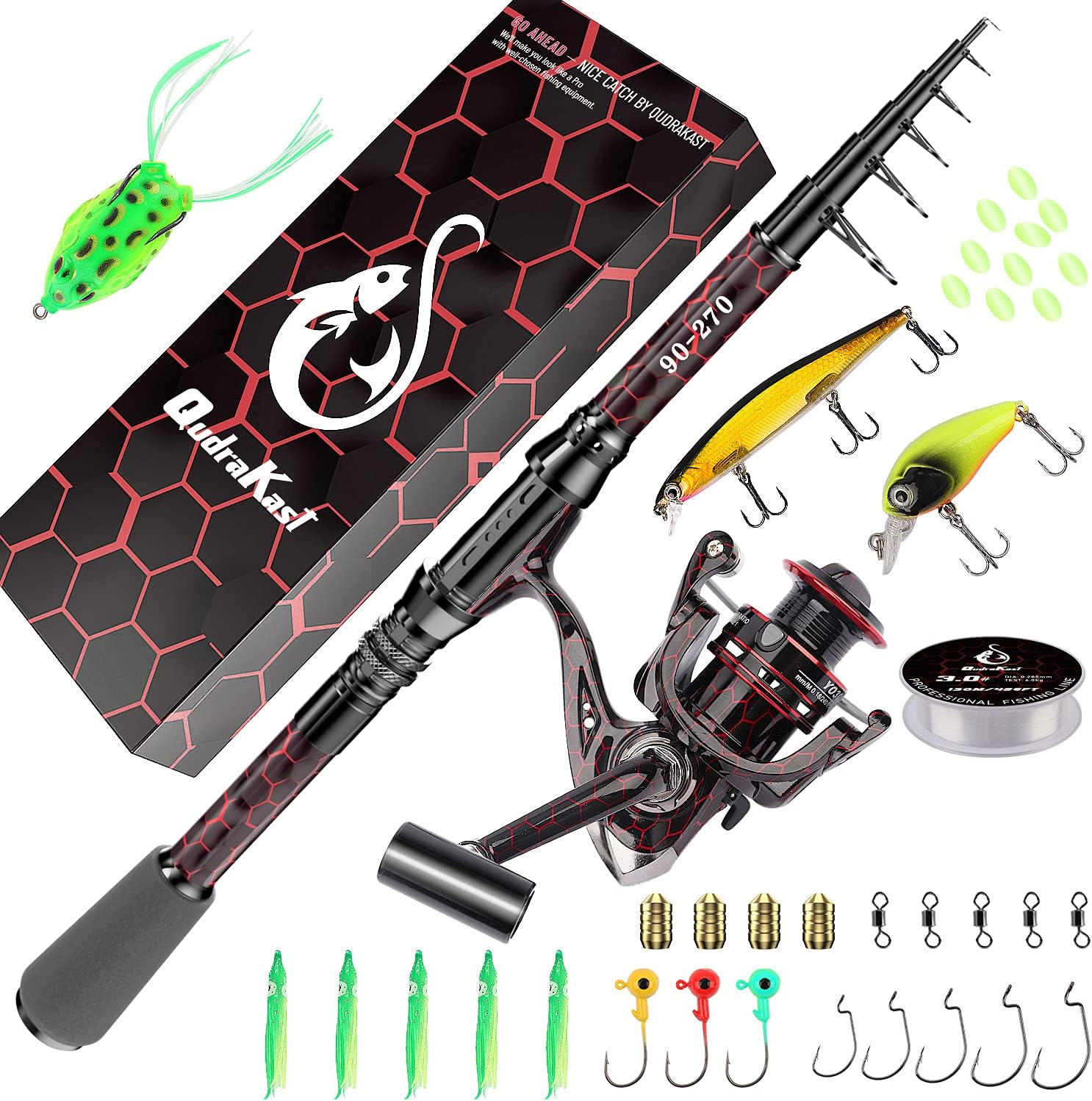 QudraKast Fishing Rod and Reel Combos, Unique Design With X-Warping Painting, Carbon Fiber Telescopic Fishing Rod with Reel Combo Kit with Tackle Box, Best gift for Fishing Beginner and Angler
