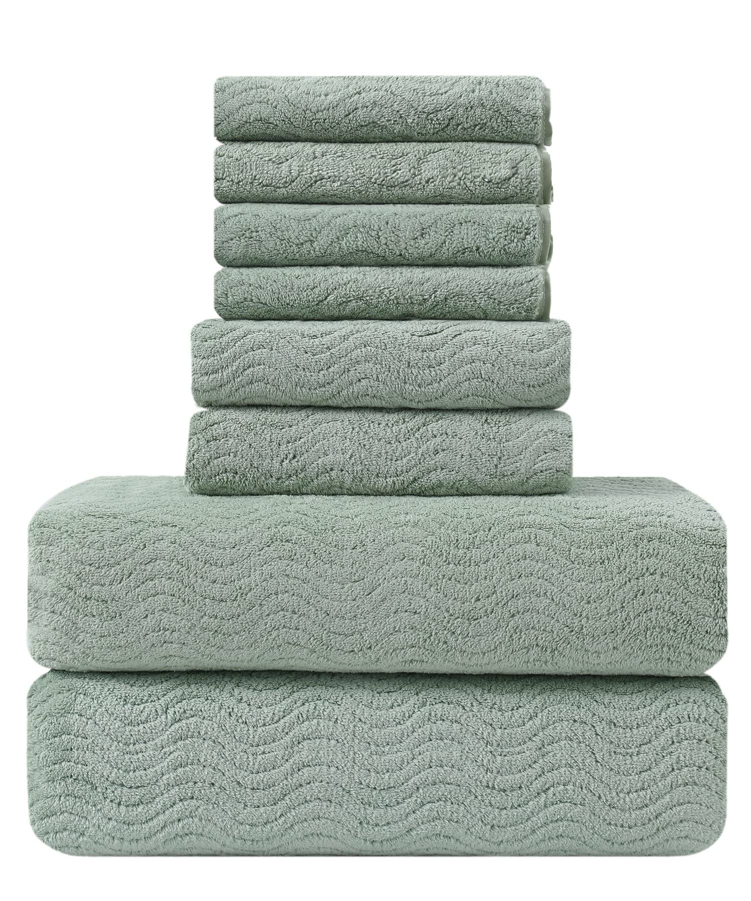 Ultra Soft 8 Piece Textured Bath Towel Set for Bathroom Shower Pool, Kitchen, Quick Dry, Lightweight Highly Absorbent - 2 Oversized Bath Towel Sheets, 2 Hand Towels, 4 Washcloths - Light Green