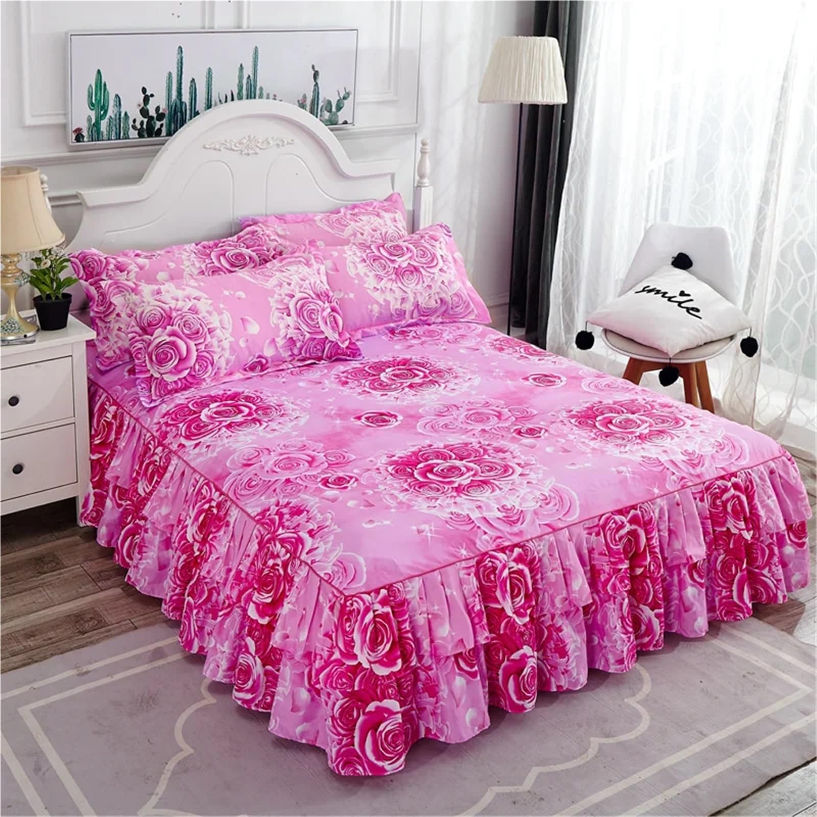 3pcs Bedding Simple Flower Bed Skirt With Pillowcases Wedding Bedspread Bed Sheet Mattress Cover(Color-03,3pcs 180x200cm)