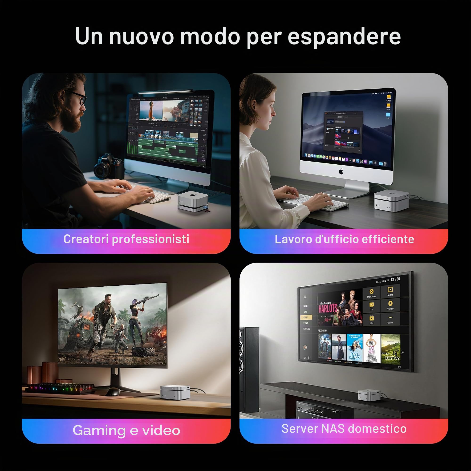 Mac mini M4 Dock, Beelink Mate Mini-A 80Gbps Docking Station, 2* M.2 PCIex2 SSD Slot, espansione max 16TB, slot per schede SD4.0, 2.5G LAN, 15W USB C PD3.0 Port, 2* USB A 10Gbps, 3.5mm Audio