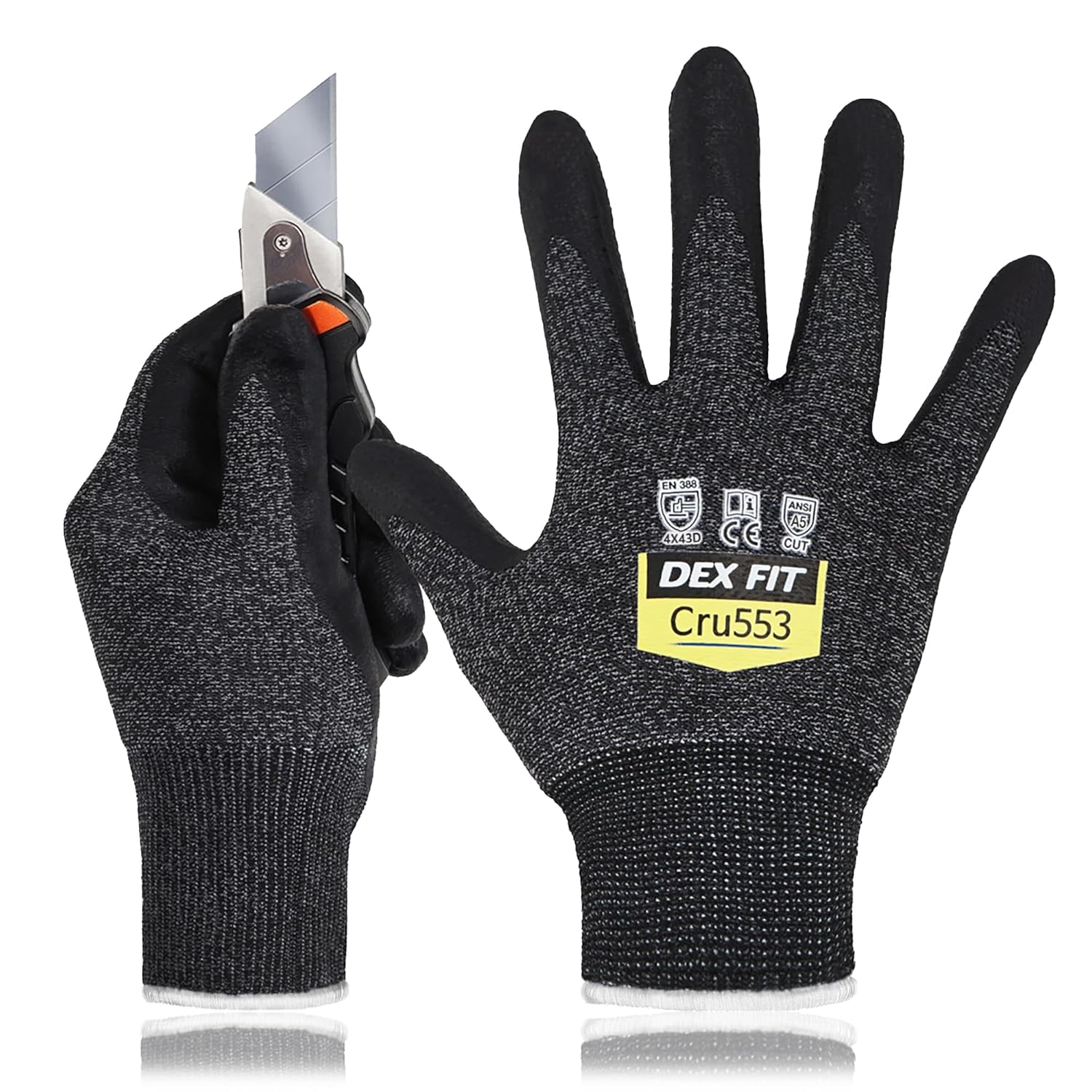 DEX FIT Level 5 Extreme Cut Resistant Gloves Cru553, Non-Slip Power Grip, Professional Grade 3D Comfort Fit, Thin & Lightweight, Breathable, Touchscreen Compatible – Black Grey S (7) 1 Pair