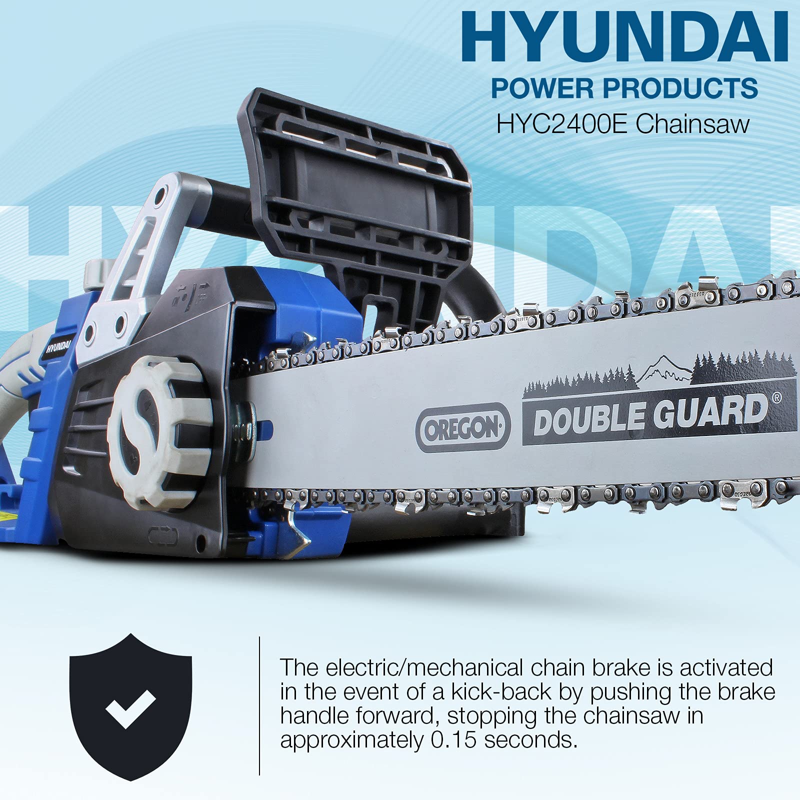 Hyundai Electric Chainsaw, 16'' / 40cm bar and Chain, 2400w / 2.4kW, 230V TwoSpeed Motor, 12m