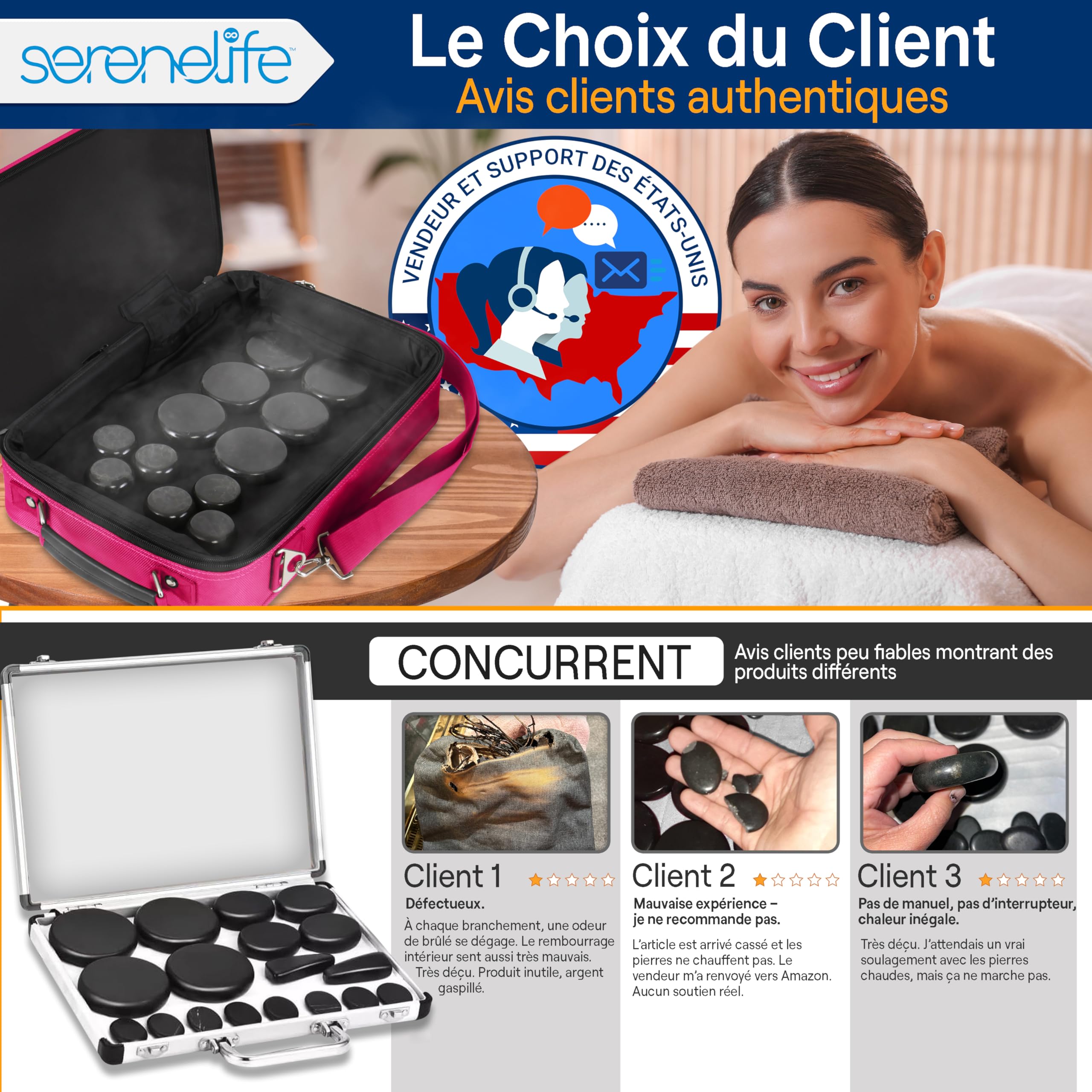SereneLife Kit de Massage à Pierre Chaude – Système Portable de Thérapie avec Pierre Chauffée, avec Contrôleur Numérique de Température, 12 Pierres de Massage, Pierres Rondes Basaltiques Lisses
