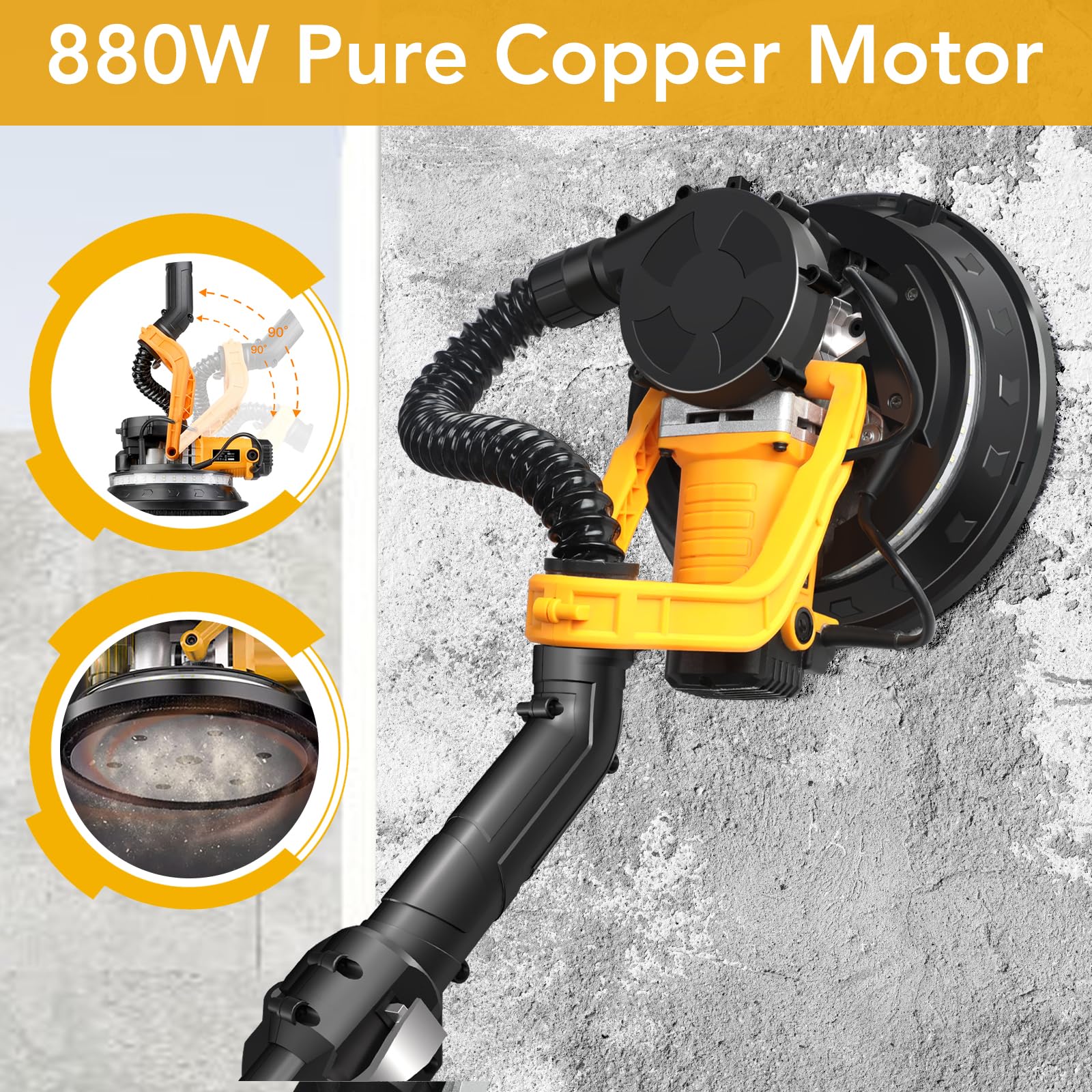 Levigatrice per Muro 880W, Giraffa Levigatrice con Aspiratore Integrato per Cartongesso e Intonaco, 5 Velocità Regolabili 1000-2100 RPM, Impugnatura Telescopica, Luce LED, 12 Dischi Abrasivi