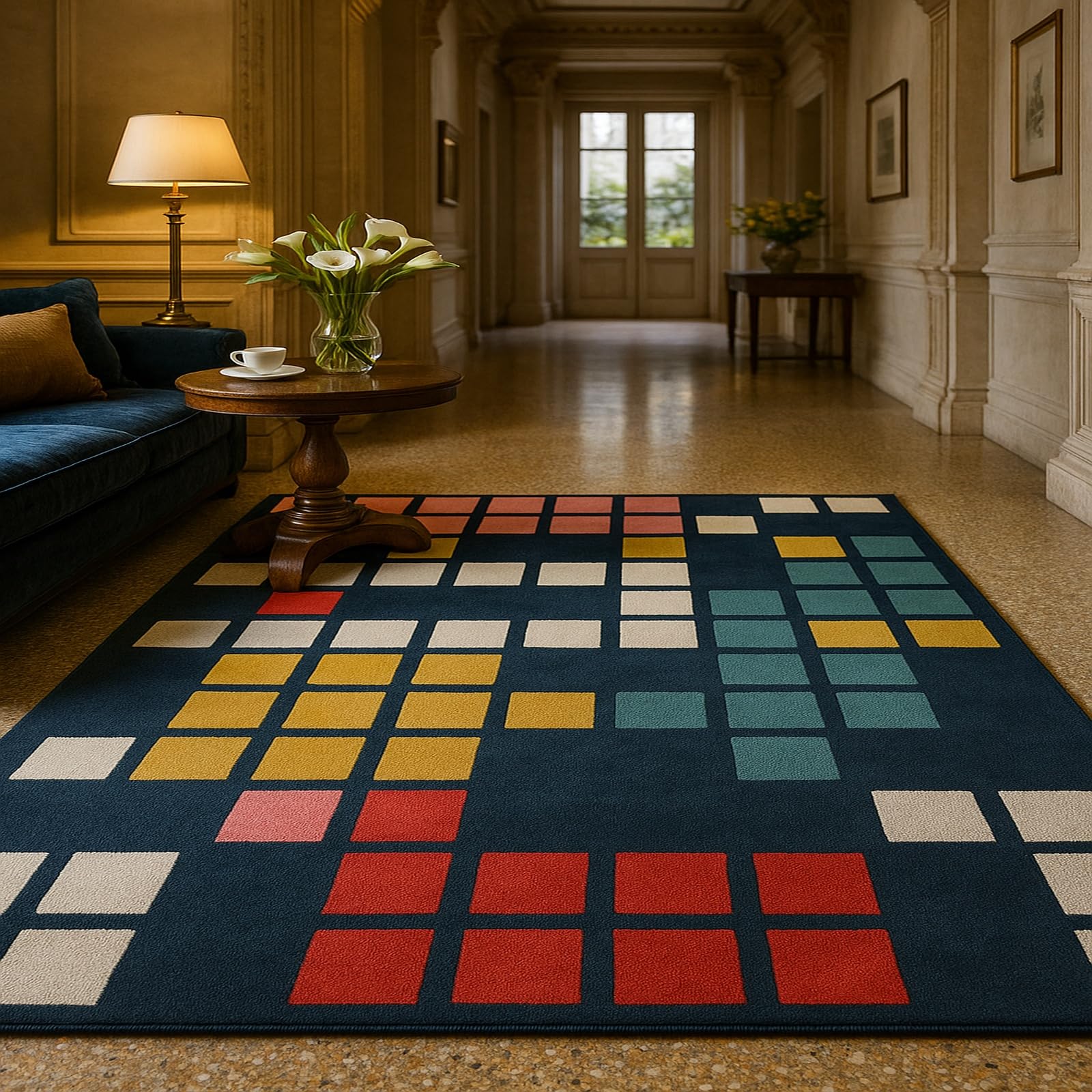 Tapis de décoration à poils courts tissage dense bleu et rose