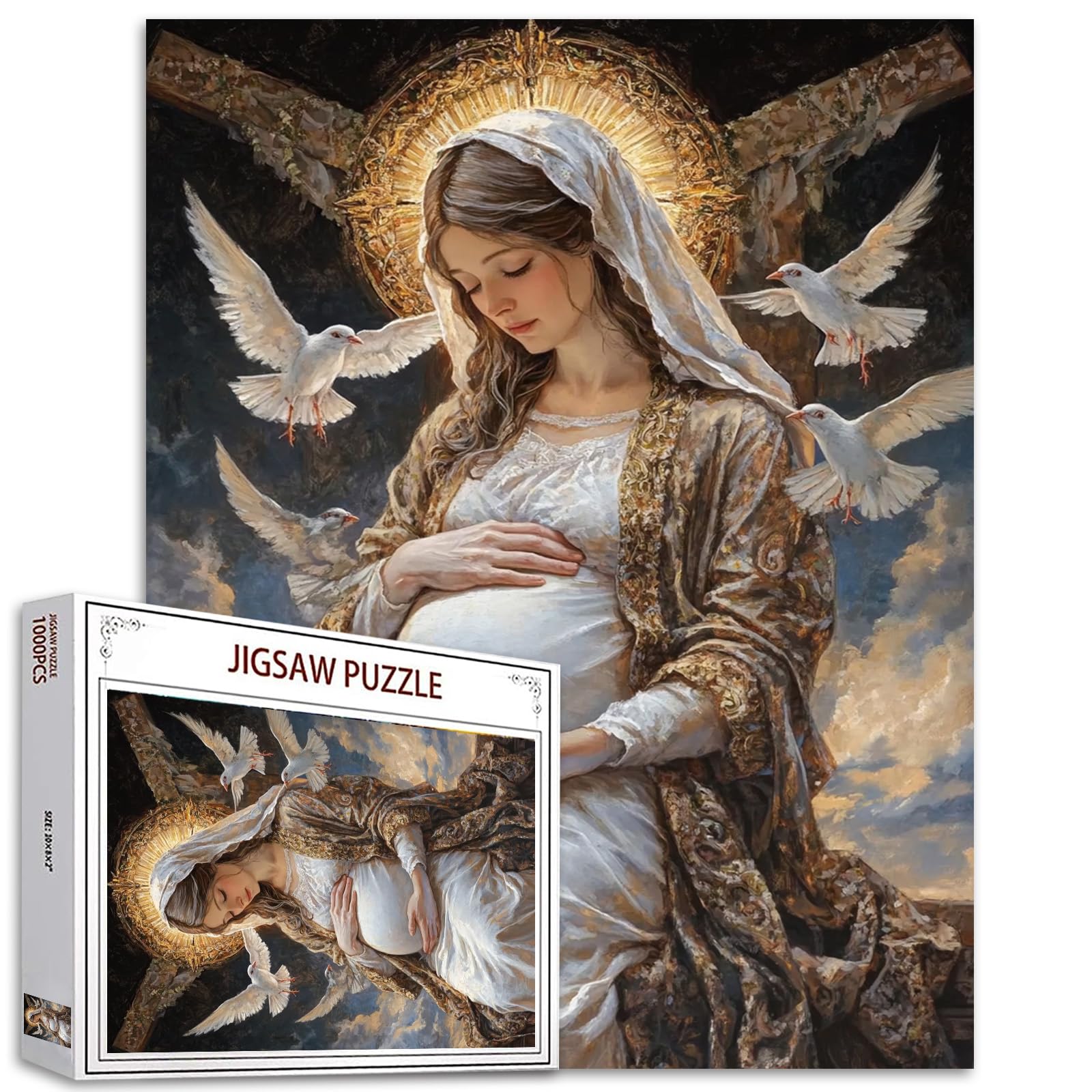 Mother Mary 1000 Piece Jigsaw Puzzles for Adults Pregnant Woman Wings Puzzle Christianity Religions Puzzles Art Wall Decor DIY Puzzle Gifts Challenging Family Activity for Game Nights