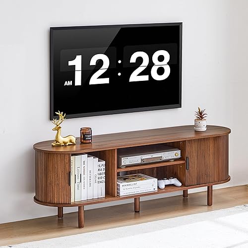 Miniatura 3 de Soporte de TV acanalado de 54 pulgadas con almacenamiento, consola de TV moderna de mediados de siglo con puertas correderas Tambour, centro de