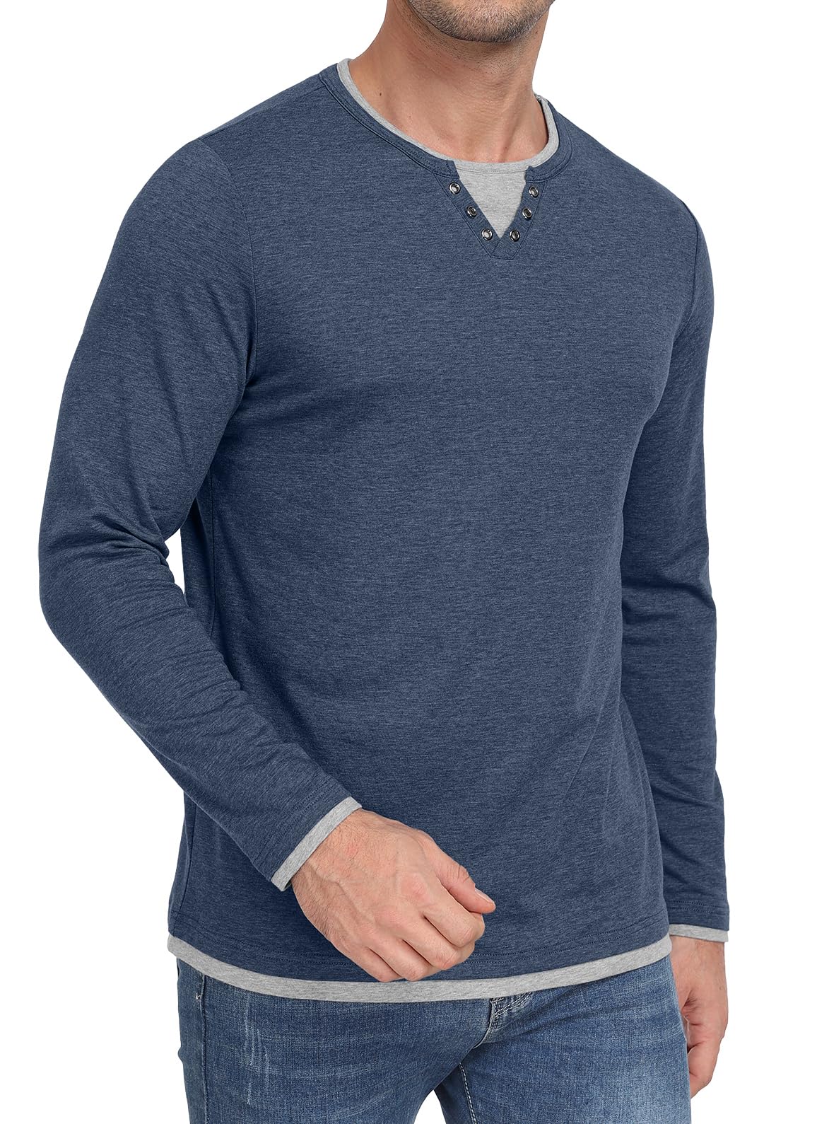 Hisir T-shirt męski Henley z bawełny, z długim rękawem, krój regularny, warstwowy, kontrastowy wzór, casualowy, na jesień i zimę