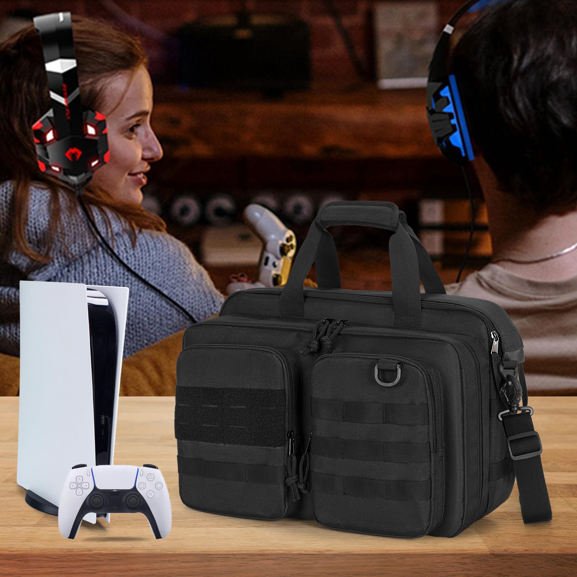 PGmoon Custodia da viaggio compatibile con console PS5/PS5 Slim/PS5 Pro, custodia protettiva per laptop da 15,6", controller, dischi di gioco e altri accessori (design brevettato)