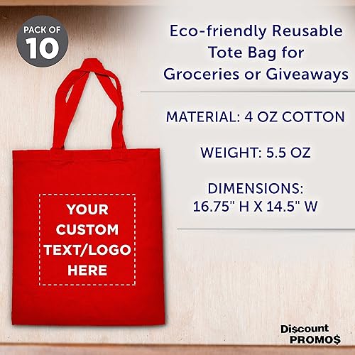Miniatura 4 de DISCOUNT PROMOS Juego de 10 bolsas de lona de algodón personalizadas, reutilizables, ideales para ir de compras, comestibles, playa, picnic,