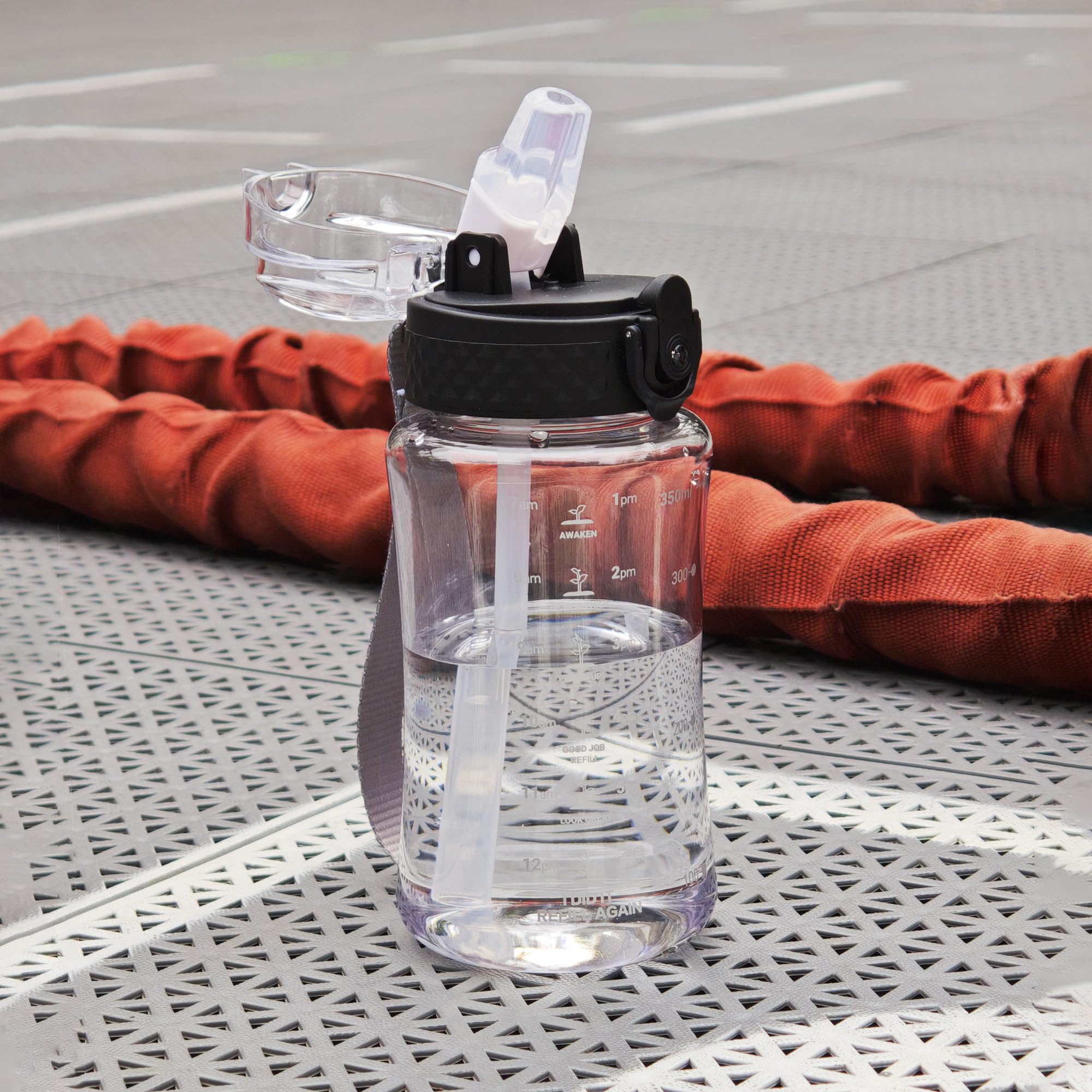 GOPPUS 350ml/12oz Kids Water Bottle With Straw Tritan Drinks Bottle with Strap Small Toddler Juice Bottles with Flip Top Lid Leakproof Children's Cup with Time Marking BPA free Girl Boy (Transparent) - Image 8