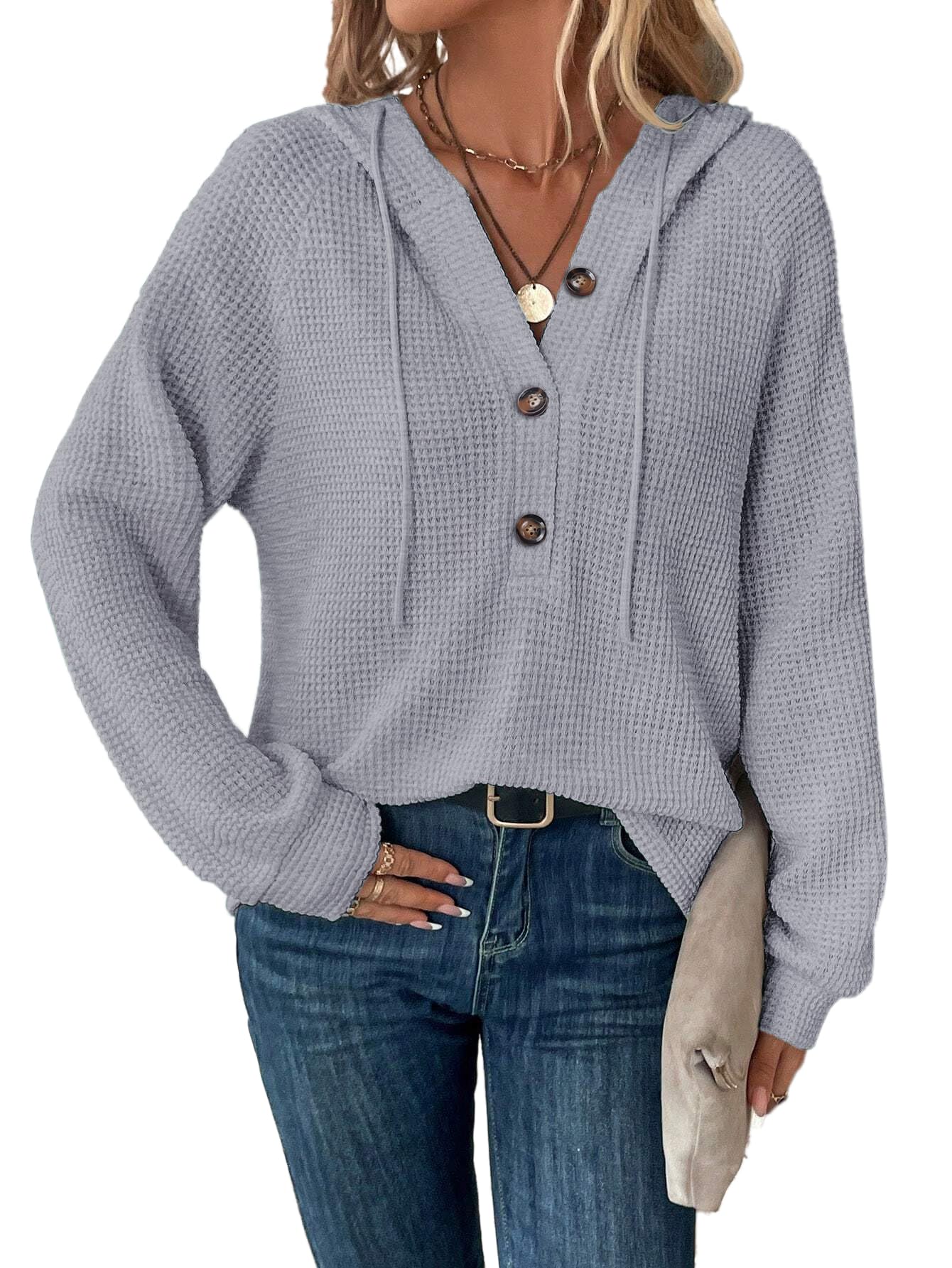 Tanmolo Hoodie Damen Kapuzenpullover Knopfleiste Leichter Pullover Langarm Sweatshirt Tops für Herbst