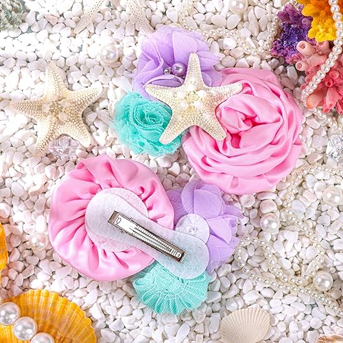Miniatura 9 de YanJie Juego de diadema de sirena para bebé, pinza para el cabello con purpurina y lazo para el pelo de estrella de mar, accesorios de regalo de