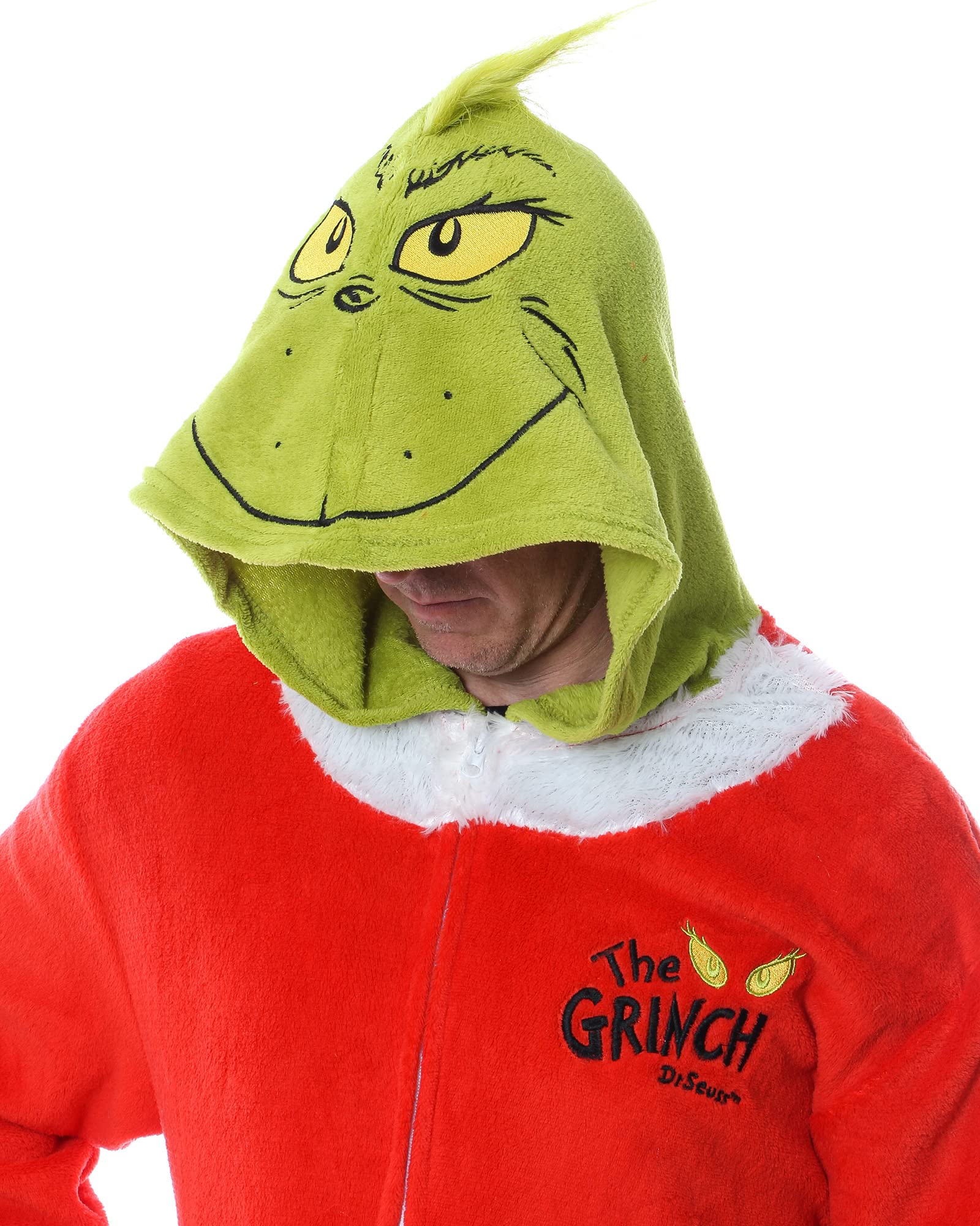 MJC International Group, LLC Męski kostium Mikołaja Grinch z kapturem, jednoczęściowa piżama