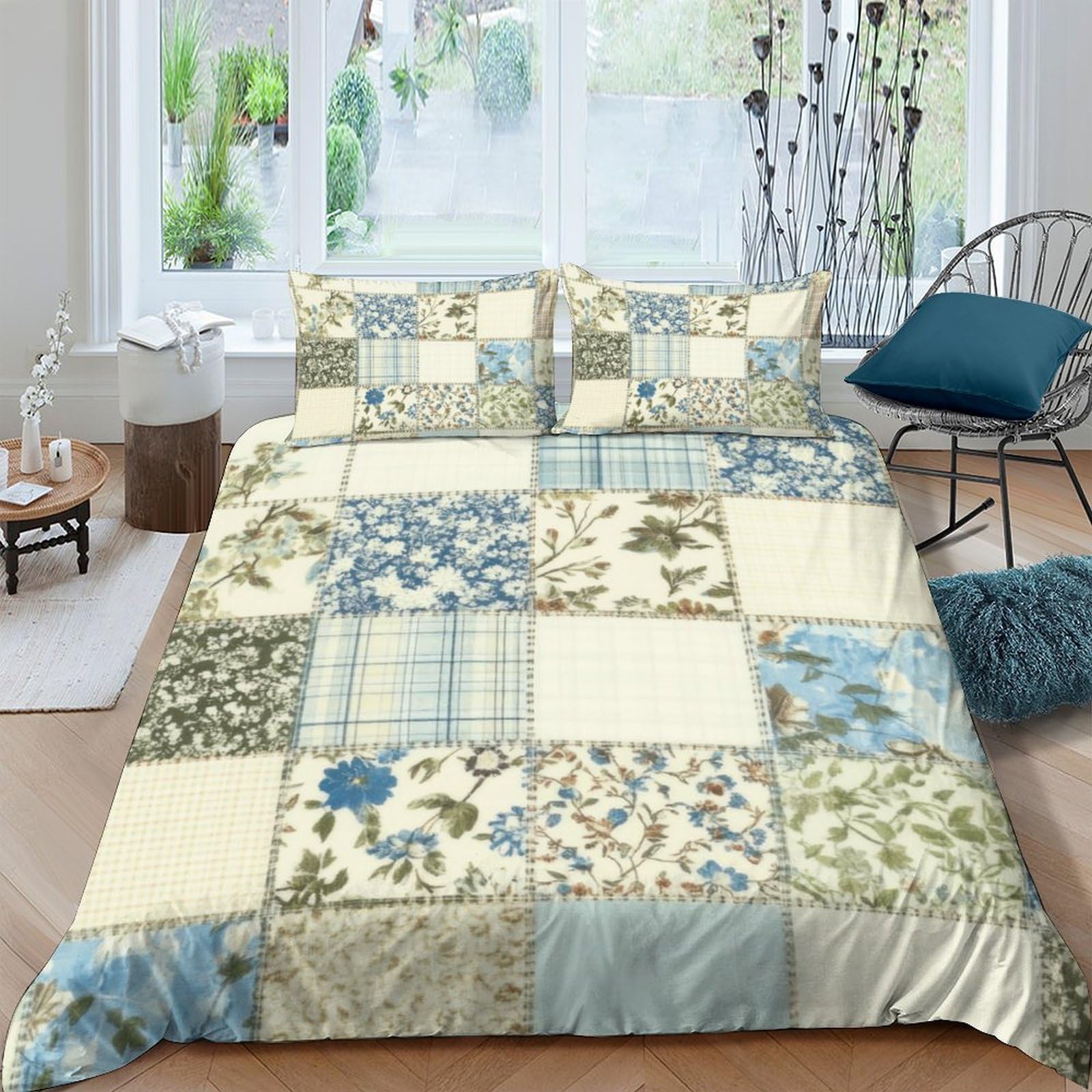 Ctjqhvkz Style-7 3D Printed Vintage Floral Patchwork Fitted Sheet Microfiber Soft Breathable Blue Beige Botanical Bed Cover For Bedroom Dorm Mattress Protection Decor Single（135X200cm）