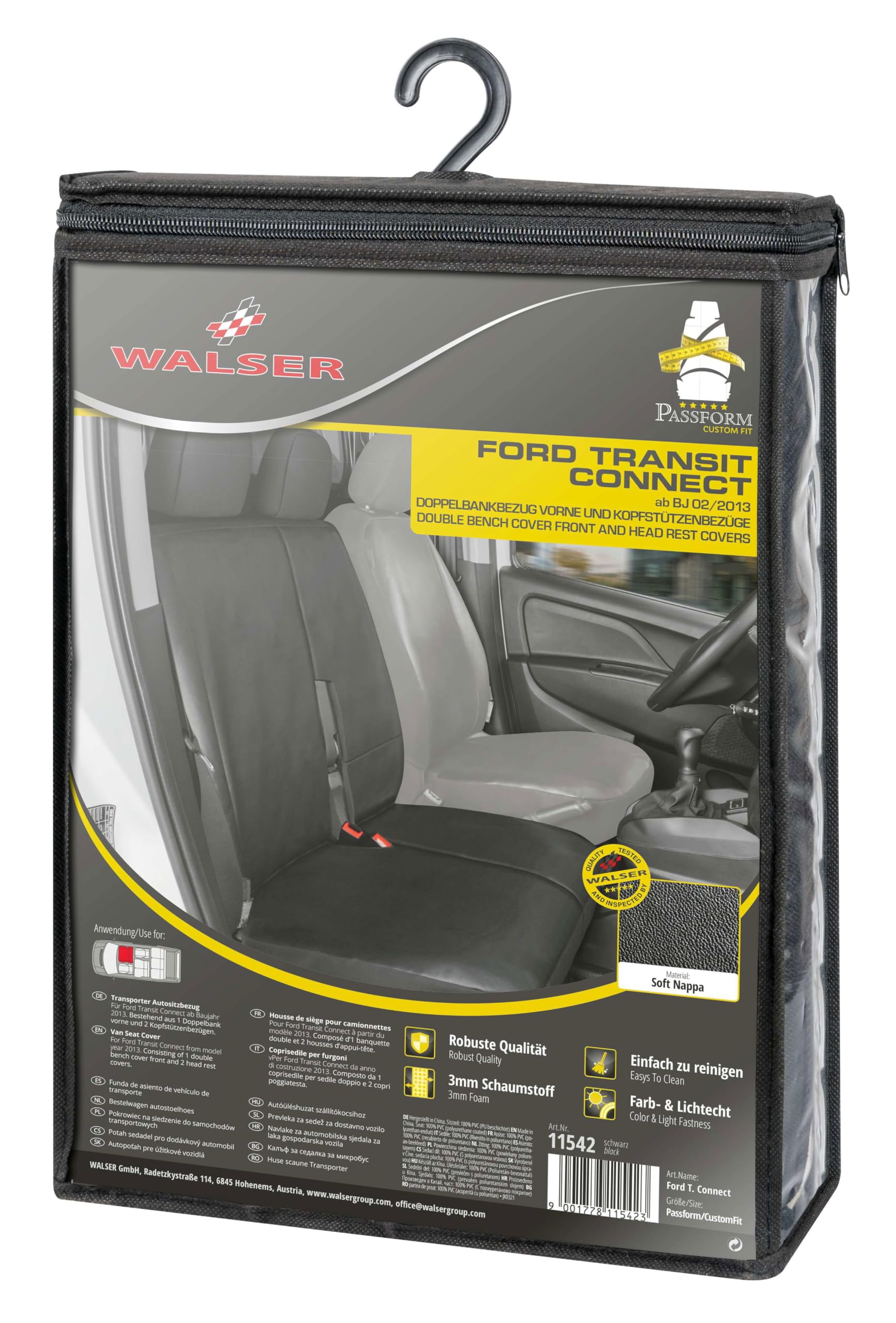 WALSER 11542 Funda de asiento de coche ajuste de transportador, funda de asiento de imitación de cuero antracita compatible con Ford Transit Connect, pasajero de doble plaza