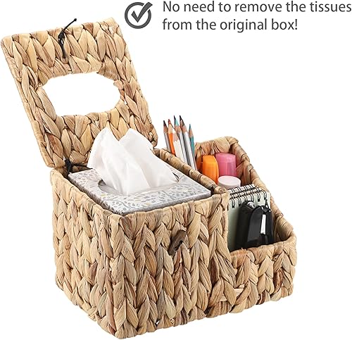 Miniatura 7 de Sumnacon Caja de pañuelos cuadrada con organizador lateral, caja de pañuelos de mimbre para baño e inodoro (jacinto de agua, natural)