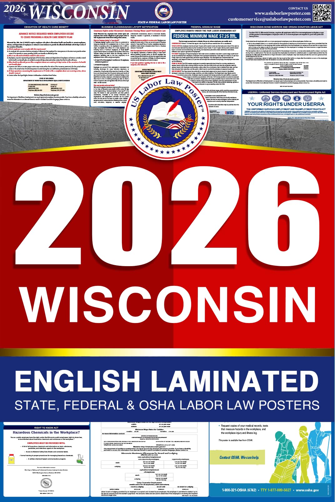 2026 Wisconsin WI All-in-One Workplace Compliance & Labor Law Poster (Federal State & OSHA) English Laminated