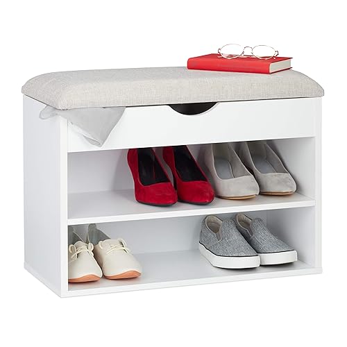 Relaxdays Banco Zapatero, Acolchado, Mueble de Pasillo, Tres Compartimentos, Asiento, 45 x 62 x 30 cm, 1 Ud. Blanco