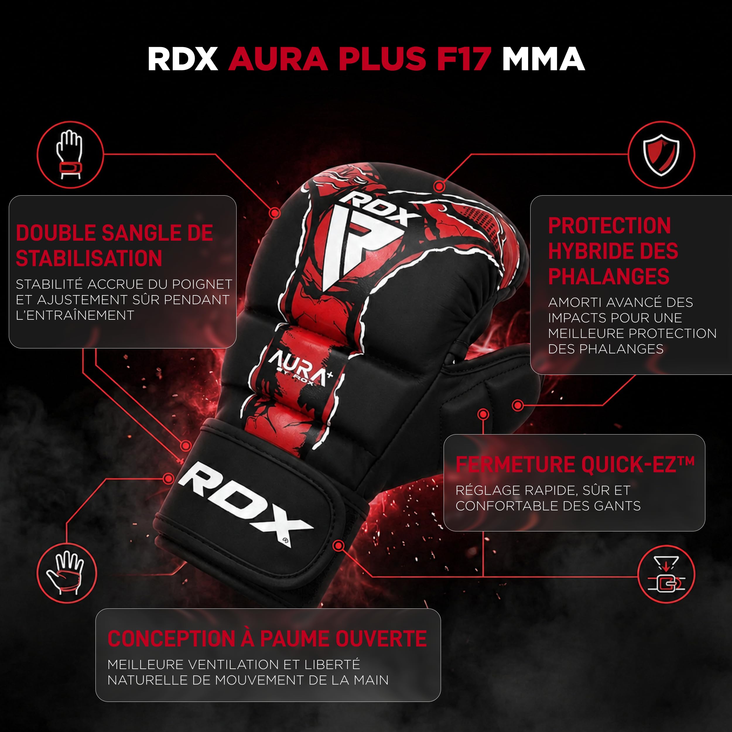 RDX Aura Plus F17 Gants de Grappling pour Homme et Femme, Gants MMA à Paume Ouverte, Gants d’Entraînement pour Prise, Sparring et Combat au Sol, Rembourrage Amortissant, MMA Gloves
