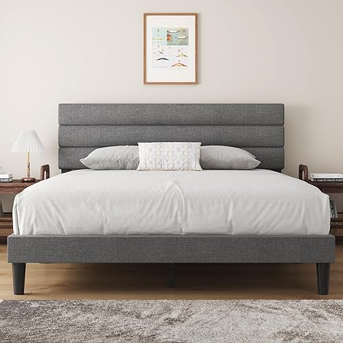 Queen Bed Frame Upholstered Bed Frame Platform with Headboard Linen Fabric Headboard Wooden Slats Support, No Box Spring Needed, Easy Assembly, Mattress Foundation, Light Grey