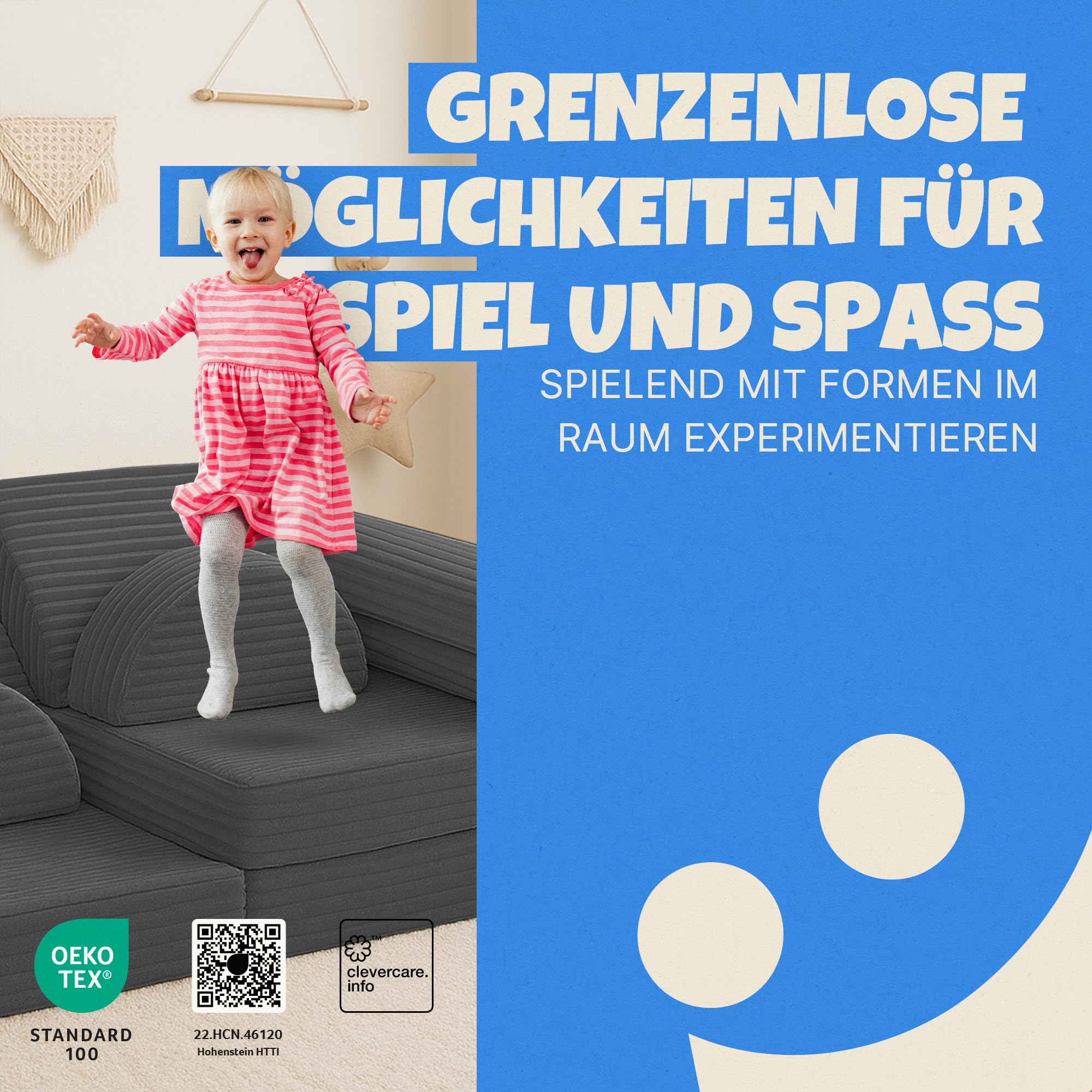 Bestlivings Sofá de juegos infantil de 11 piezas (antracita) de pana de franela, sofá de juegos modular para construir creativamente en la habitación de los niños, estable y ampliable