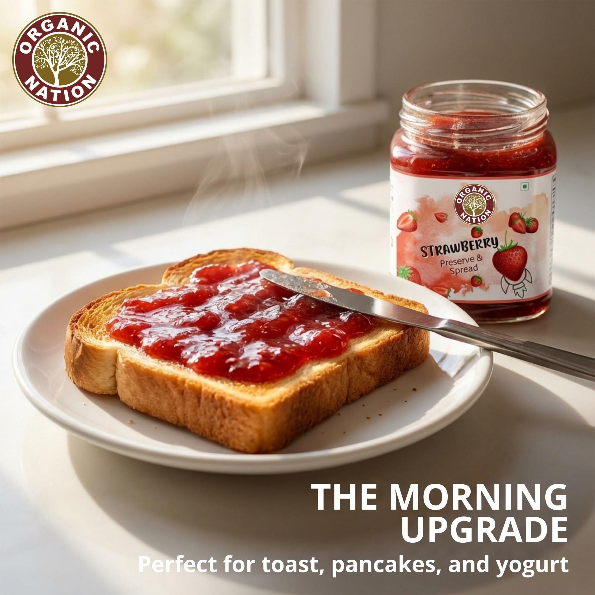 ORGANIC NATION Deliciously Pure Strawberry Conserve & Spread, Perfect Strawberry Jam for Kids, Organic & Sugar Free, 340g, Natural Strawberry Jam for a Healthier Choice, No Added Flavours, Vibrant Red 3