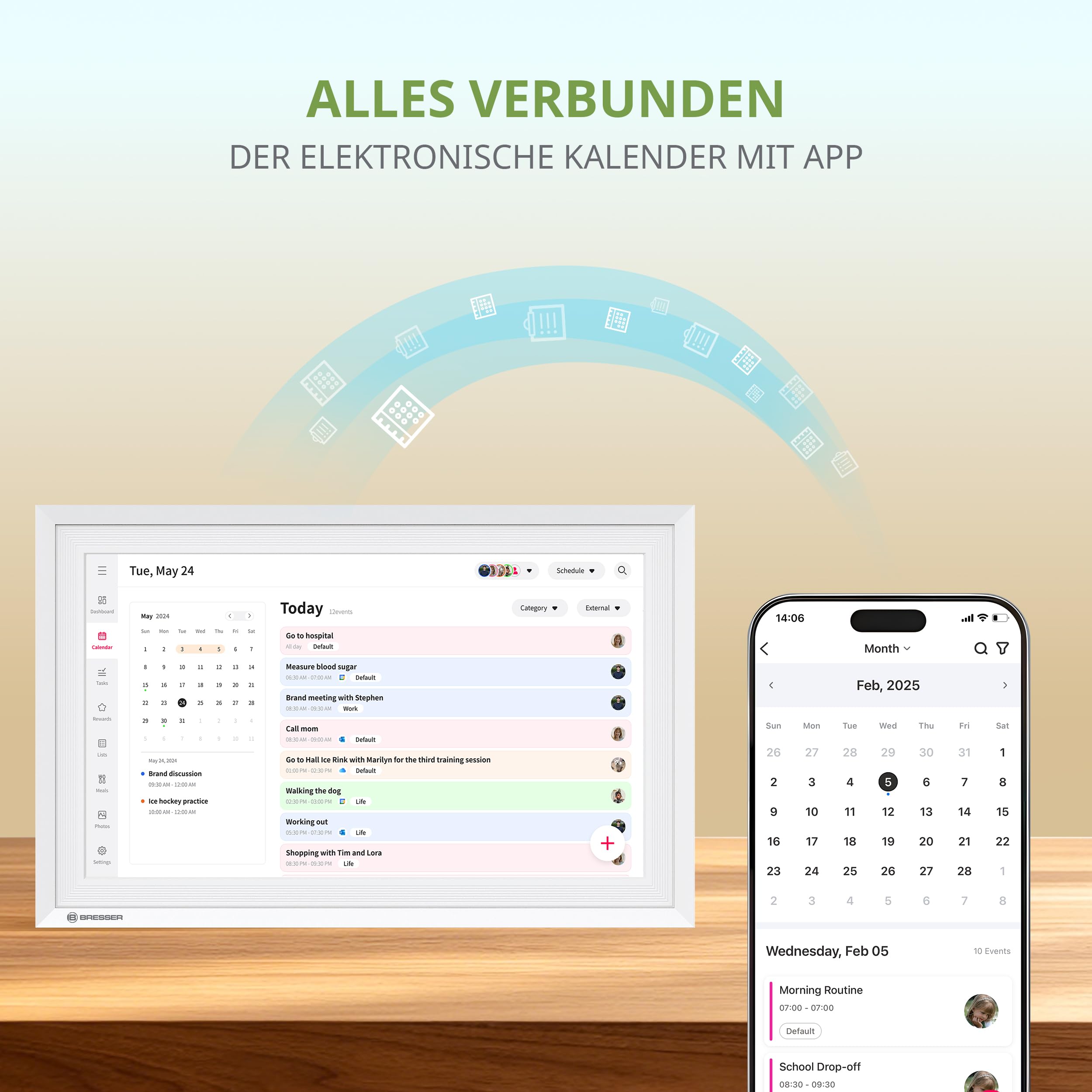 Bresser Digitaler Kalender 10,1 Zoll Touchscreen Familienplaner mit App Bilderrahmen Wetter 7 Tage Weiß