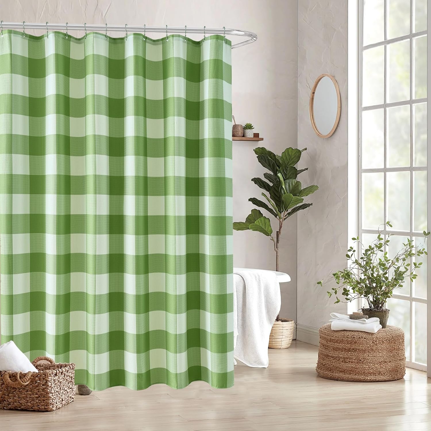 ORTIGIA 3 in 1 White and Green Shower Curtains and Liner Set 72x72, Waffle Shower Curtain with 12 Stainless Steel Double Sided Hooks, Waterproof Buffalo Plaid Curtain for Modern Farmhouse Bathroom.