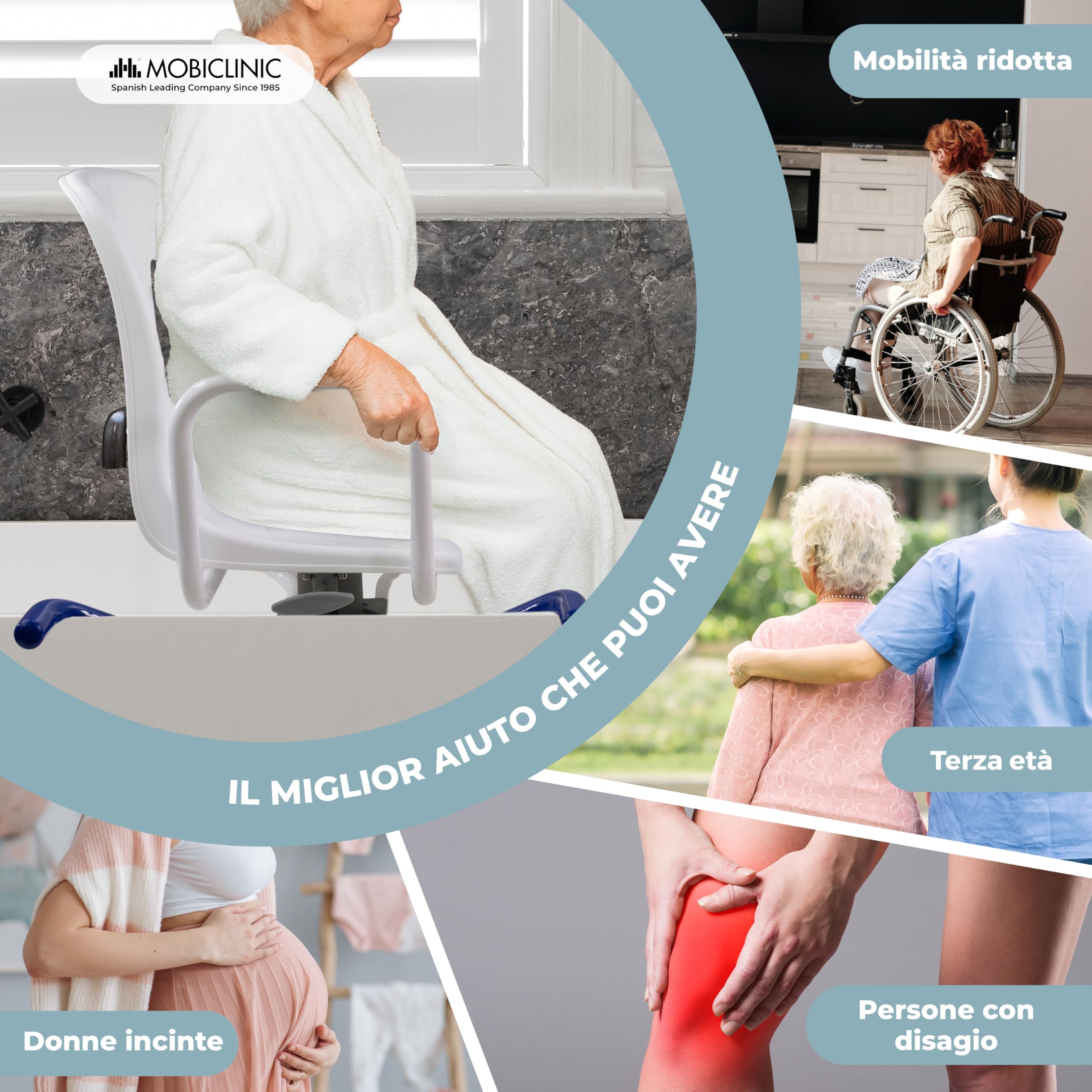 Mobiclinic, Sedia girevole 360º per Vasca da Bagno Anziani, Braccioli, Schienale, Sedile, Rotazione di 360º, Anatomica, Marca europea, Resistente all'acqua, Disabili, Lago
