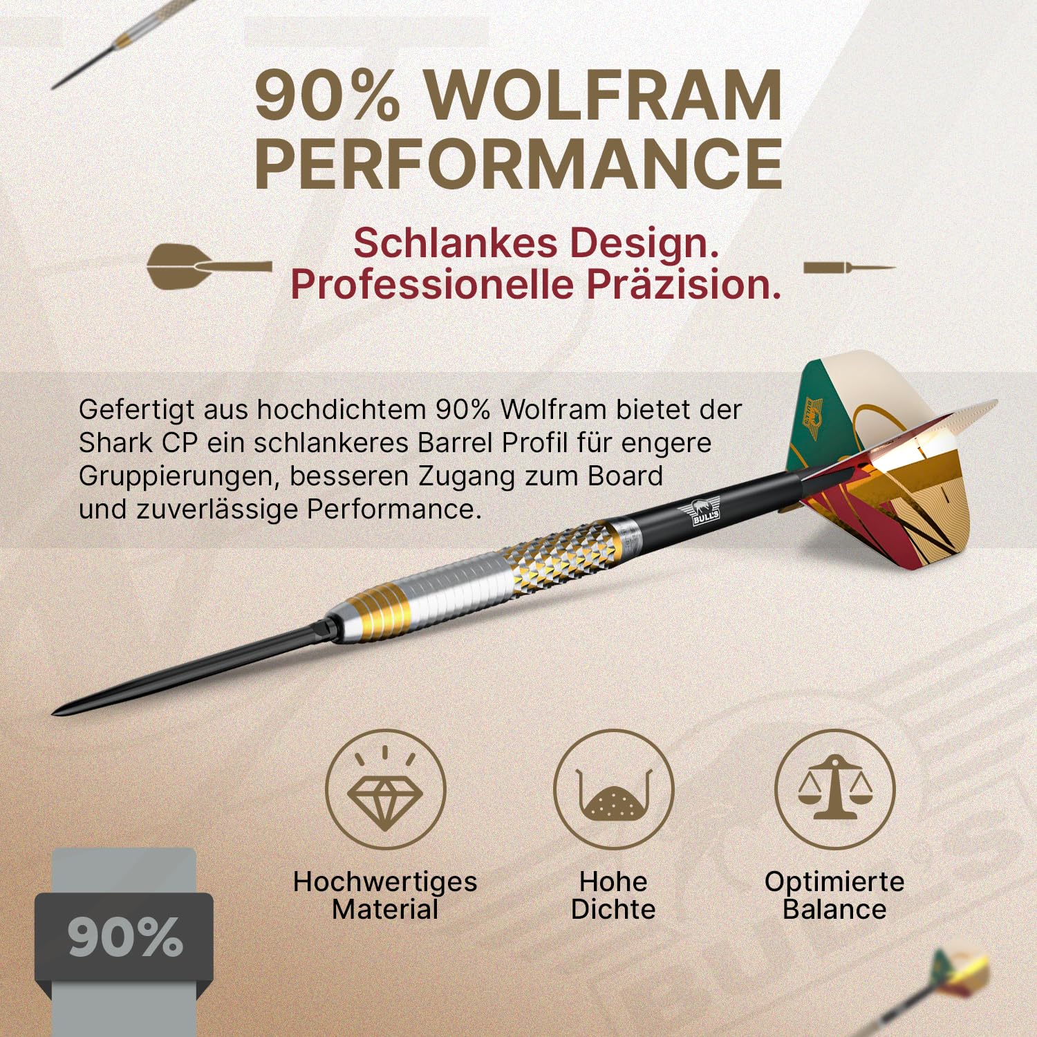 Bull's Vintago Shark 90% Tungsten Steeldarts mit Shark Grip - Gerades Barrel Fuer Enge Gruppierungen, Profi Dartpfeile Set - CP Point System, 22g 23g 24g 27g, 3er Dart Set